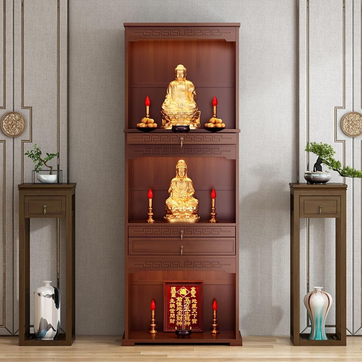 Multifunction Meditation Altar Table with Drawer and Shelf Buddha Niche Cabinet Worship Table for Living Room Freely Combined Structure for Worship and Sacred Display Chinese(Deep Red,27.6x13in)