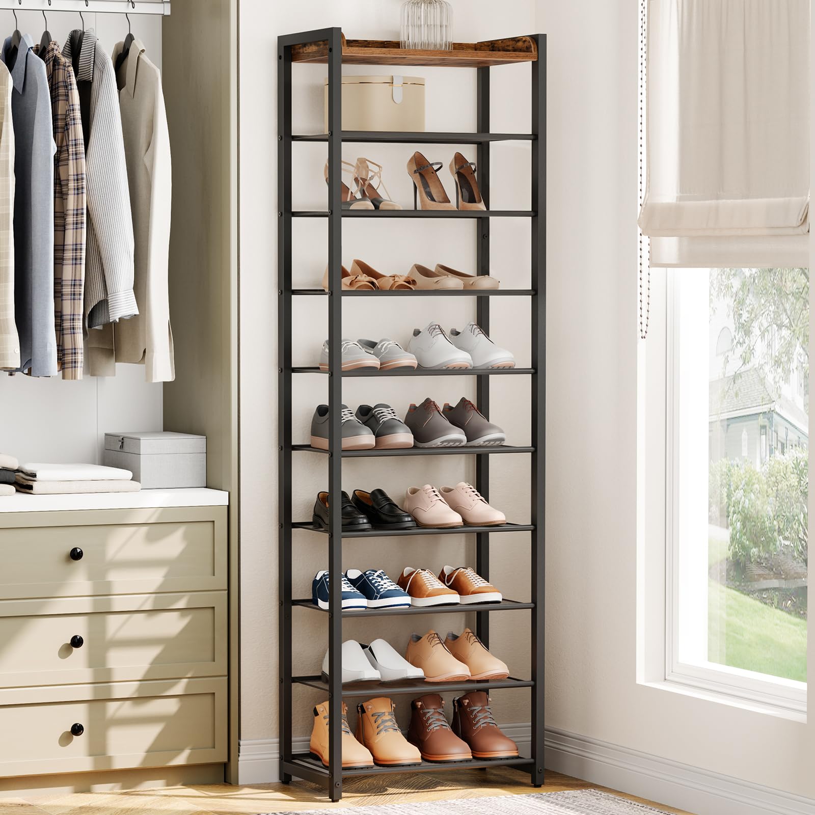 HOOBRO Schuhregal mit 10 Ebenen, Schmale Schuhablage, Schuhschrank, für 18-25 Paar Schuhe, Platzsparend, für Eingang, Flur, Wohnzimmer, Dunkelbraun-Schwarz EBF40XJ01