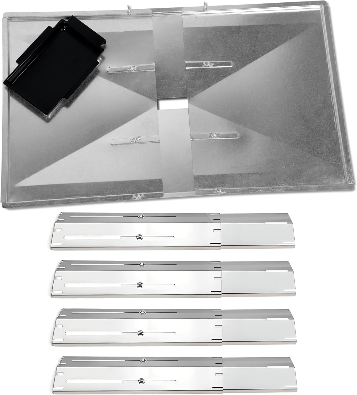 Adjustable Grease Tray (24"-27") & 4-Pack Universal Heat Plates/Heat Tents/Heat Shields for 4 Burner Grills from Brinkmann, Charbroil, Kenmore & More, Universal Grill Parts Drip Pan