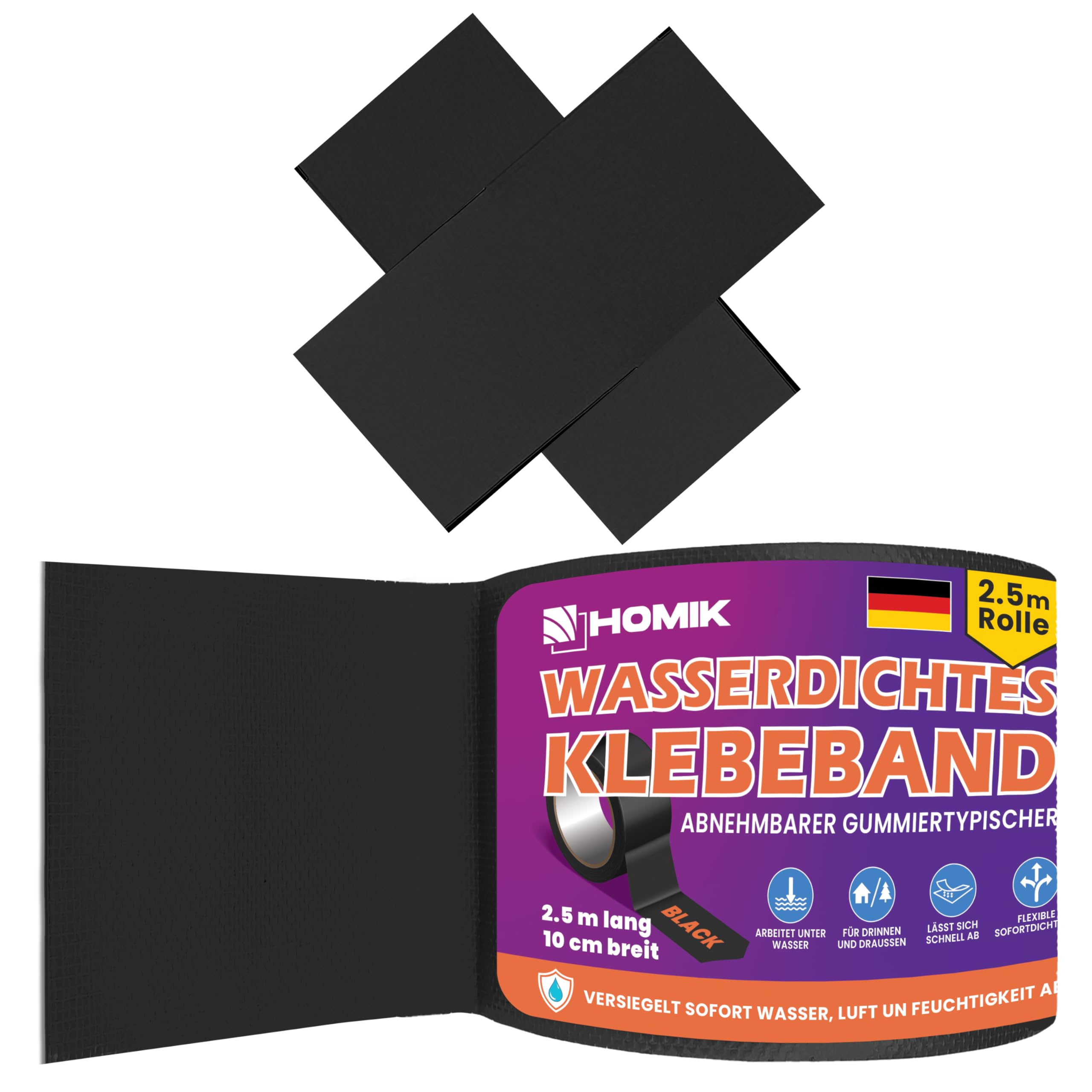 HOMIK Black Waterproof Tape Ultra Strong 10cm x 2.5m – Waterproof Repair Tape for Smooth Surfaces, Waterproof Sealing Tape, UV Resistant Adhesive Tape