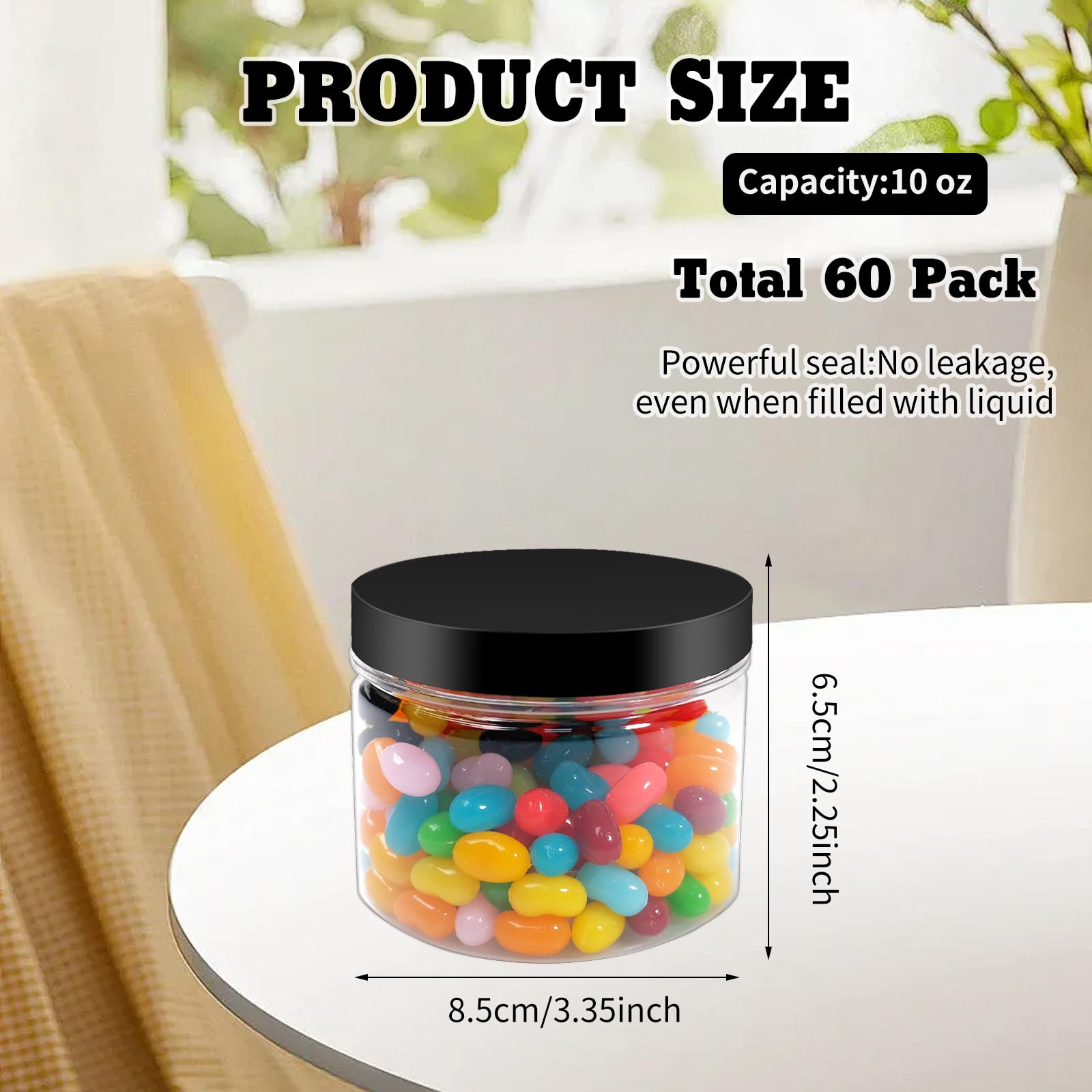60 tarros de plástico transparente de 10 onzas, recipientes cilíndricos redondos herméticos de rosca en boca ancha con tapas para alimentos, cocina, miel, mantequilla, cosméticos, 2 colores