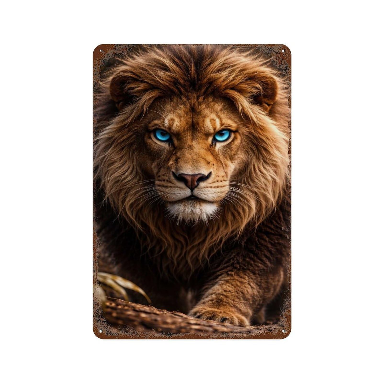 Rust Effect Tin Sign Majestic Lion with Piercing Blue Eyes 11.8"x7.9", Industrial Home Decor for Garage, Bar And Workshop Decor