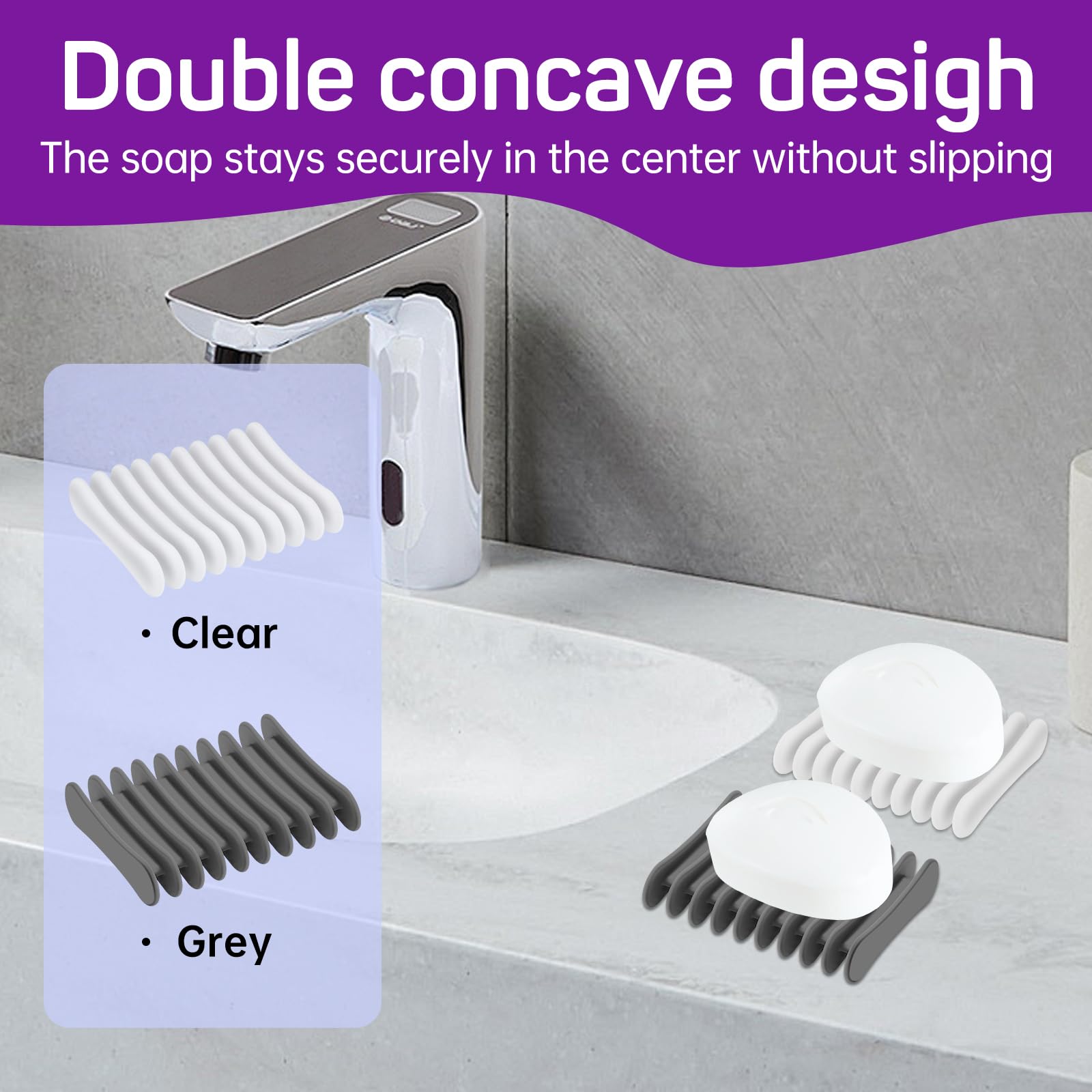 2 jaboneras de silicona autodrenantes, diseño de cascada, para baño, mantiene las barras de jabón secas y limpias, color gris