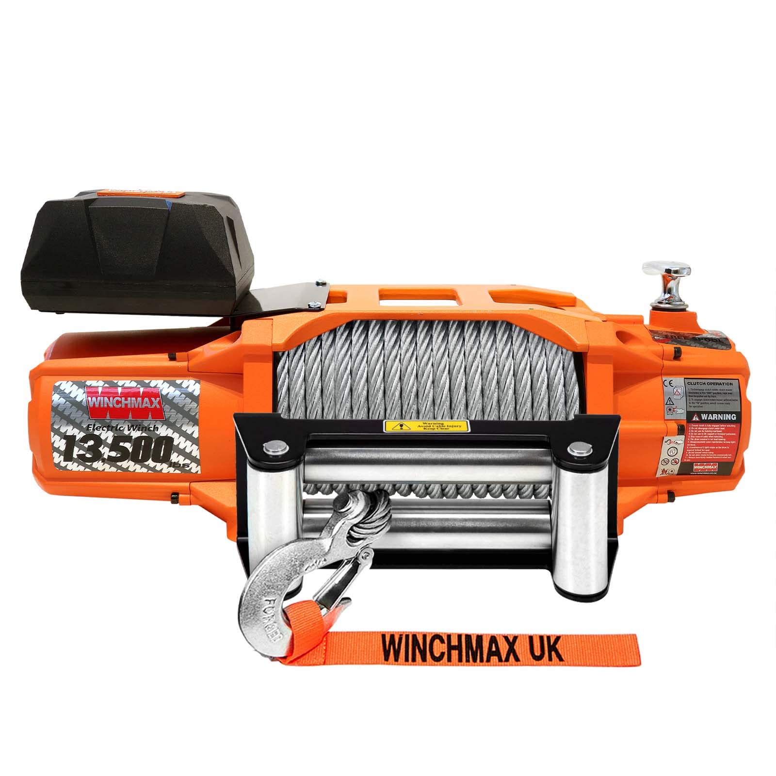 Winchmax 13500 lb / 6123 kg Serie SL Verricello Elettrico Originale 24v Arancione. Fune Metallica da 24 m x 9,5 mm, Gancio a Forcella da 3/8 di Pollice, Guida a rulli. 2 telecomandi Senza Fili.