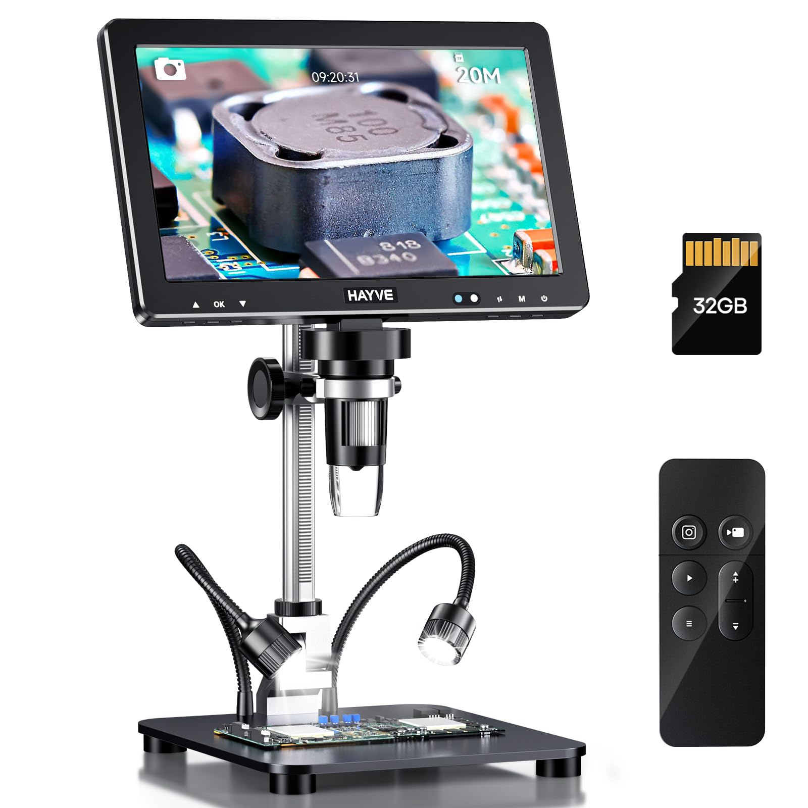 Hayve DM12 10.1'' HDMI Digital Microscope, 2000X Coin Microscope with IPS Screen, 20MP Soldering Microscopes for Electronics with 10.4'' Longer Stand,