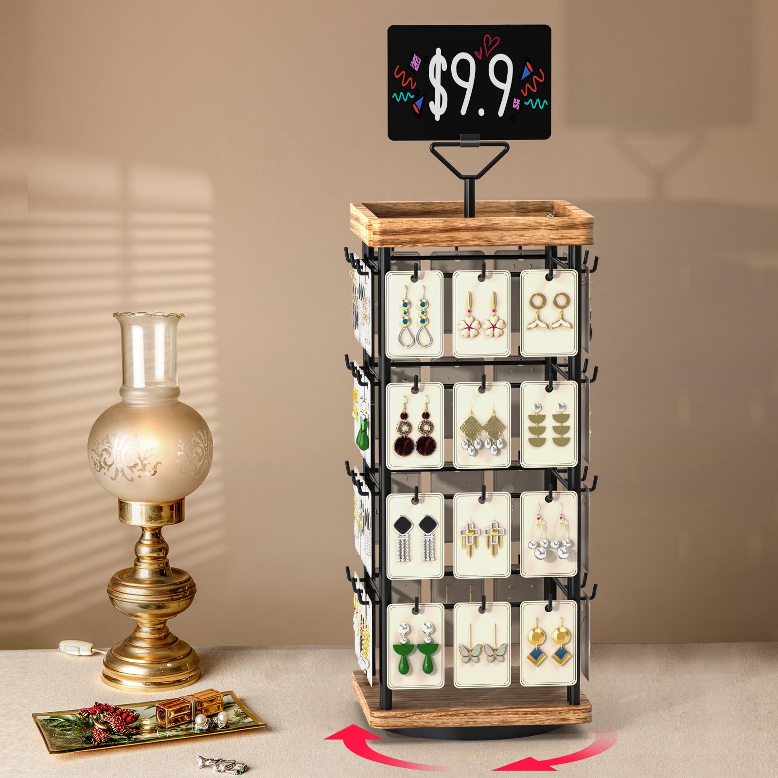 Drehbarer Schmuckbaum Mit Holztablett - Perfektes Display Für Ohrringe, Halsketten & Ringe