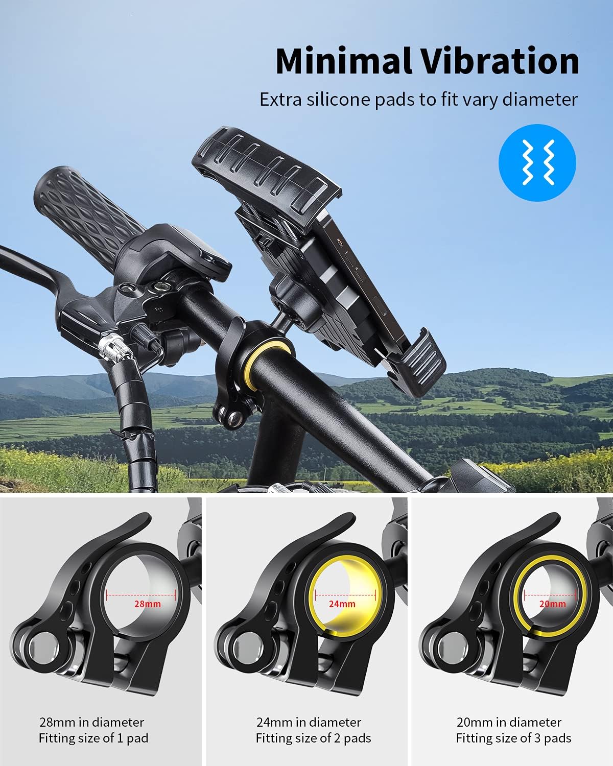 Bike Phone Holder, Motorcycle Phone Mount - Oqtiq Motorcycle Handlebar Cell Phone Clamp, Scooter Phone Clip Compatible with iPhone 13 / iPhone 12 Pro Max, S9, S10 and More 4.7" - 6.8" Cellphone : Automotive