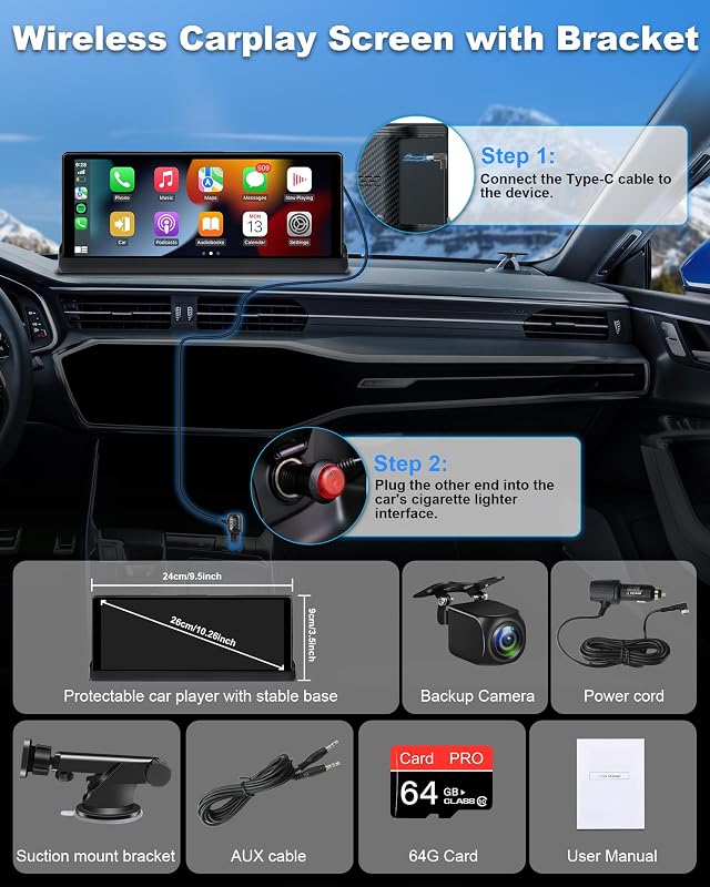 Vtopek 10,26" 4K Apple CarPlay Kijelző 350° Forgatható Kamerával - Vezeték Nélküli Android Autós Monitor, Bluetooth, Siri, Navigáció, 64GB T