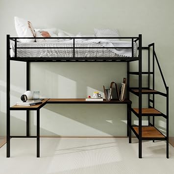 Double Layered loft Bed, Metal Childrens bunk Bed, with L-Shaped Desk, 13.1 inch high All-Round Safety Protection Device and Ladder, no Need for Spring Mattress,Black01-1