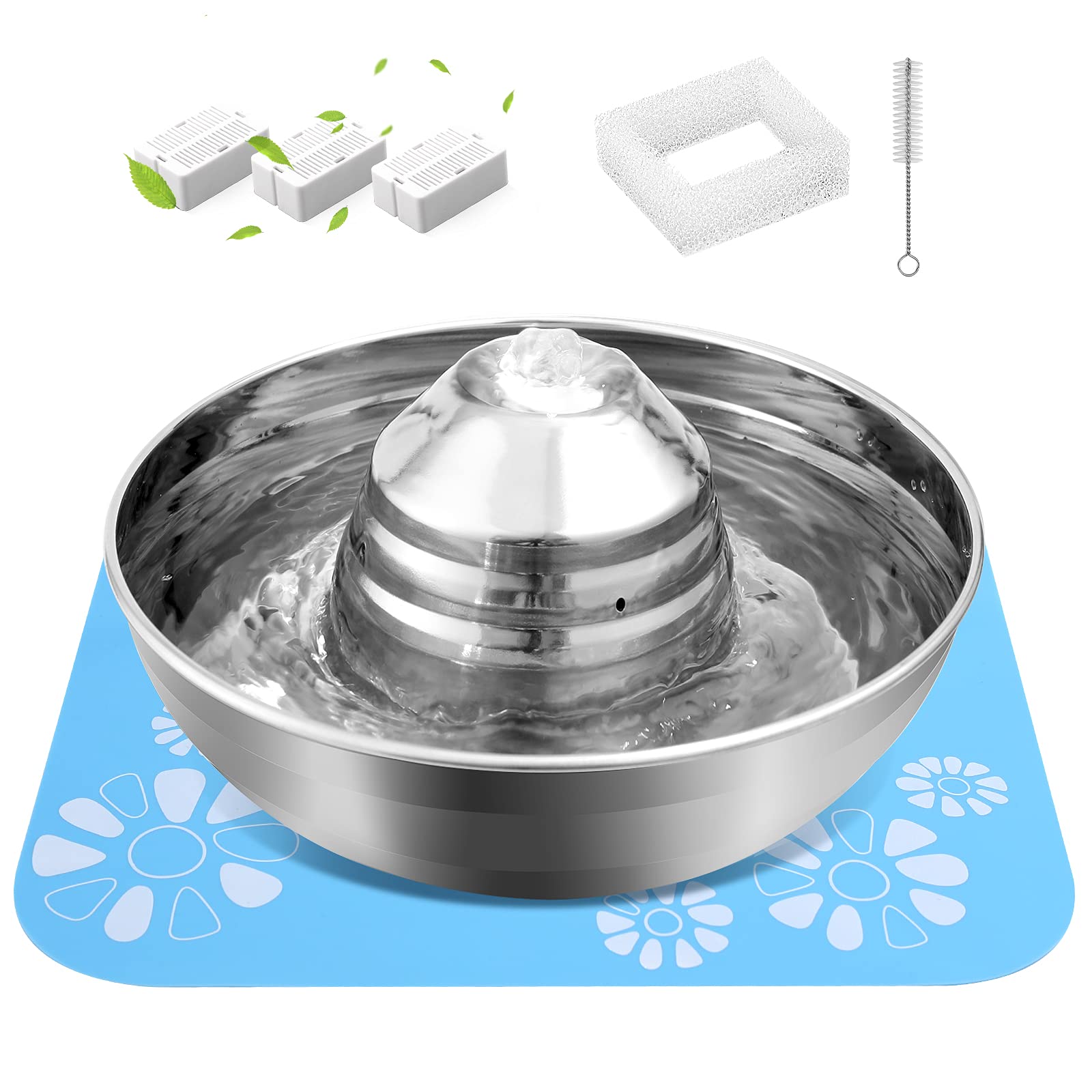 Cat Water Fountain, QILEBI 67 OZ /2 L Stainless Steel Dog Water Fountain with Filters & Ultra Quiet, Dishwasher Safe Pet Drinking Dispenser with Slicone Mat for Cats, Dogs