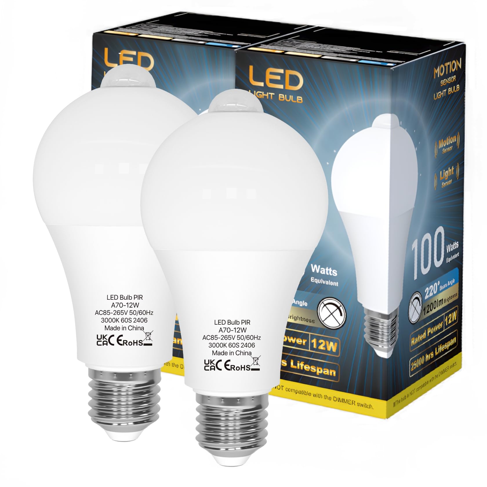 LUTW Glühbirne mit Bewegungsmelder, 12W E27 LED Lampe mit Bewegungsmelder Ersetzt 100W, 3000K Warmweiß 1200lm, 220° Abstrahlwinkel Energiesparlampe für Flur, Garage, Balkon, Treppe, 2er Set