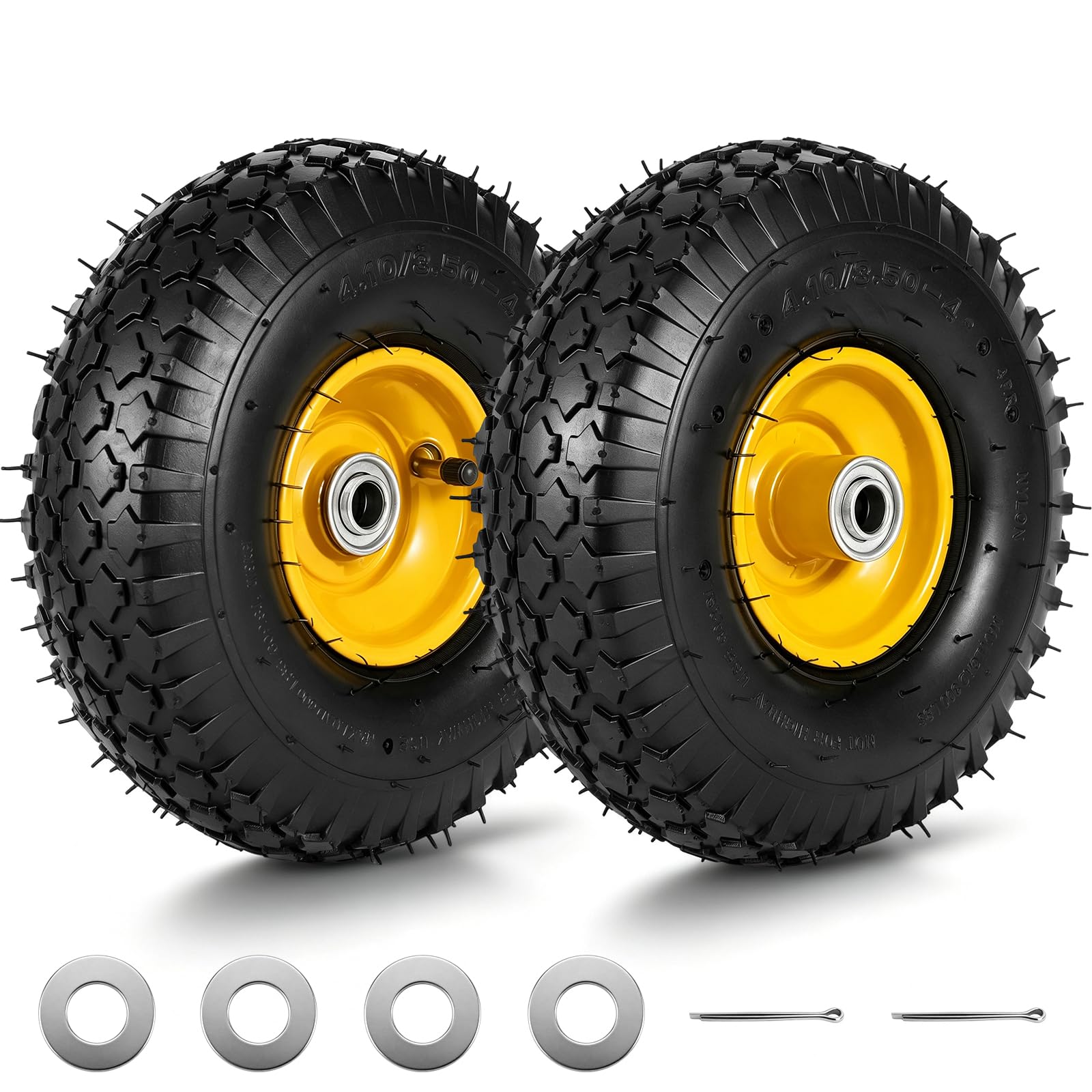 RRQ (2 Pack) 10" Pneumatic Tires, 4.10/3.50-4" Tire and Wheel (Yellow)