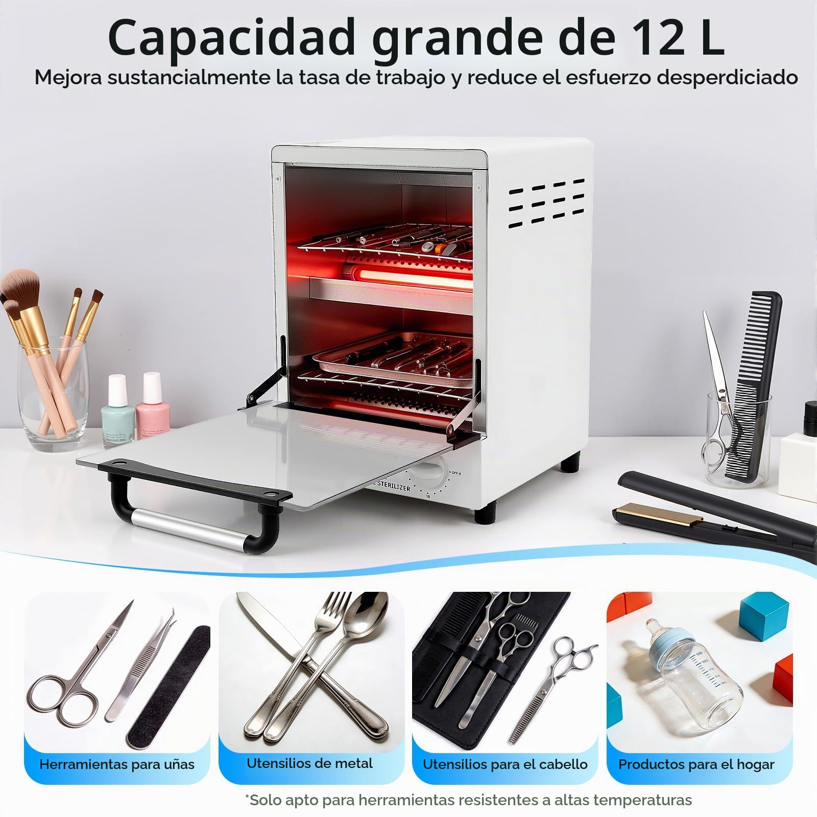 Esterilizador de alta temperatura de 1000 W, esterilizador de aire caliente de 12 L, caja de desinfección por infrarrojos a 250 °C con temporizador, esterilizador de calor seco con bandeja para