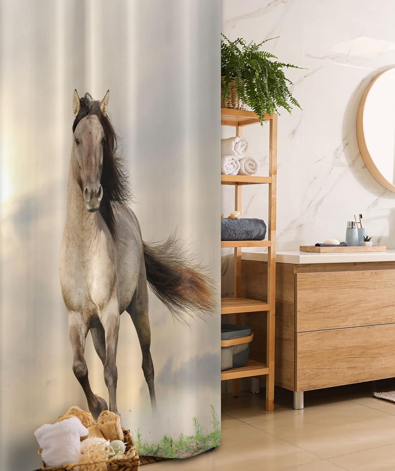 Ambesonne Horses Stall Shower Curtain, Wild Young Stallion Horse Running at Sunset Male Power Muscular Physique Nobility Photo, Fabric Bathroom Decor Set with Hooks, 36" W x 72" L, Beige