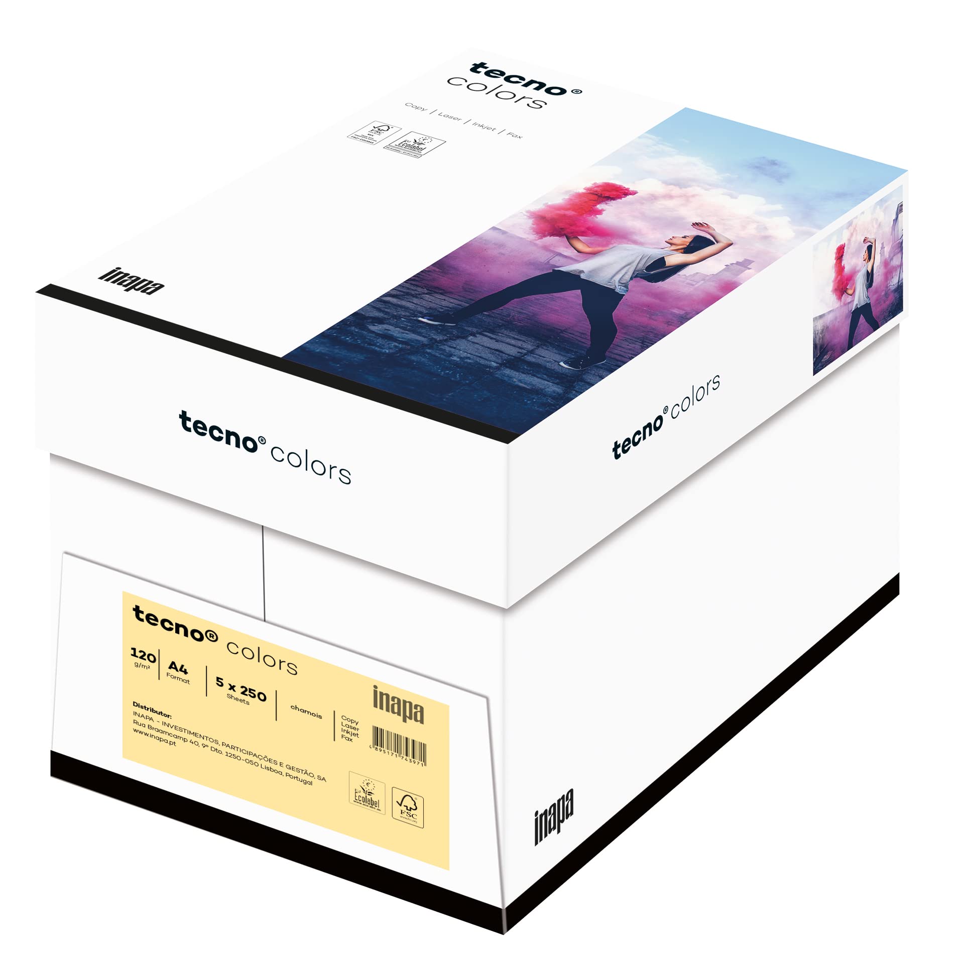 inapa farbiges Druckerpapier, buntes Papier tecno Colors: 120 g/m², A4, 1.250 Blatt (5x250), chamois