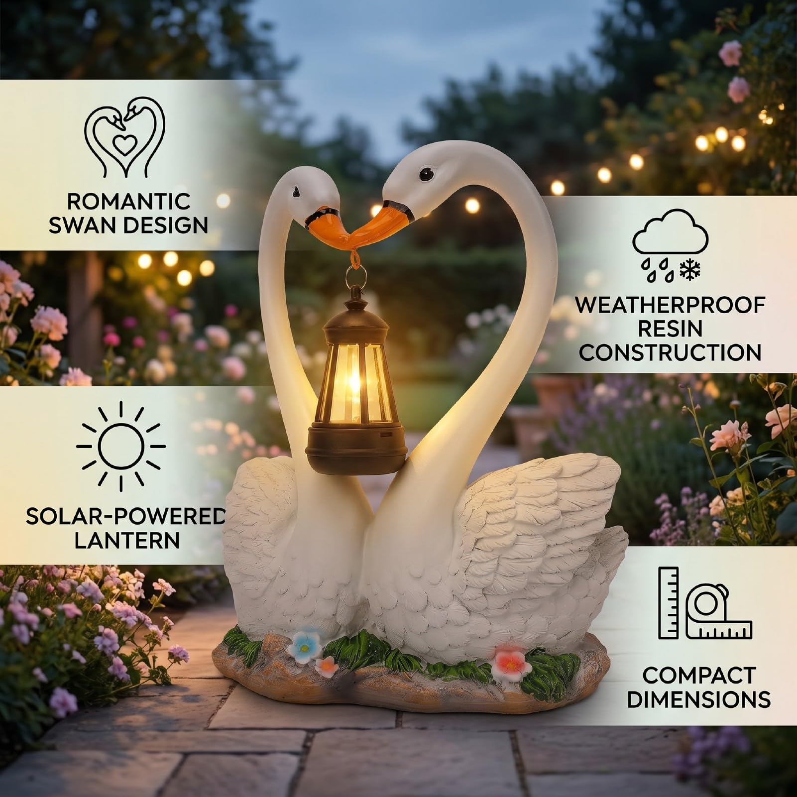 Statua da giardino a forma di cigno solare con lanterna sospesa, romantica coppia di cigni in resina, scultura impermeabile per esterni, decorazione per cortile, prato, patio