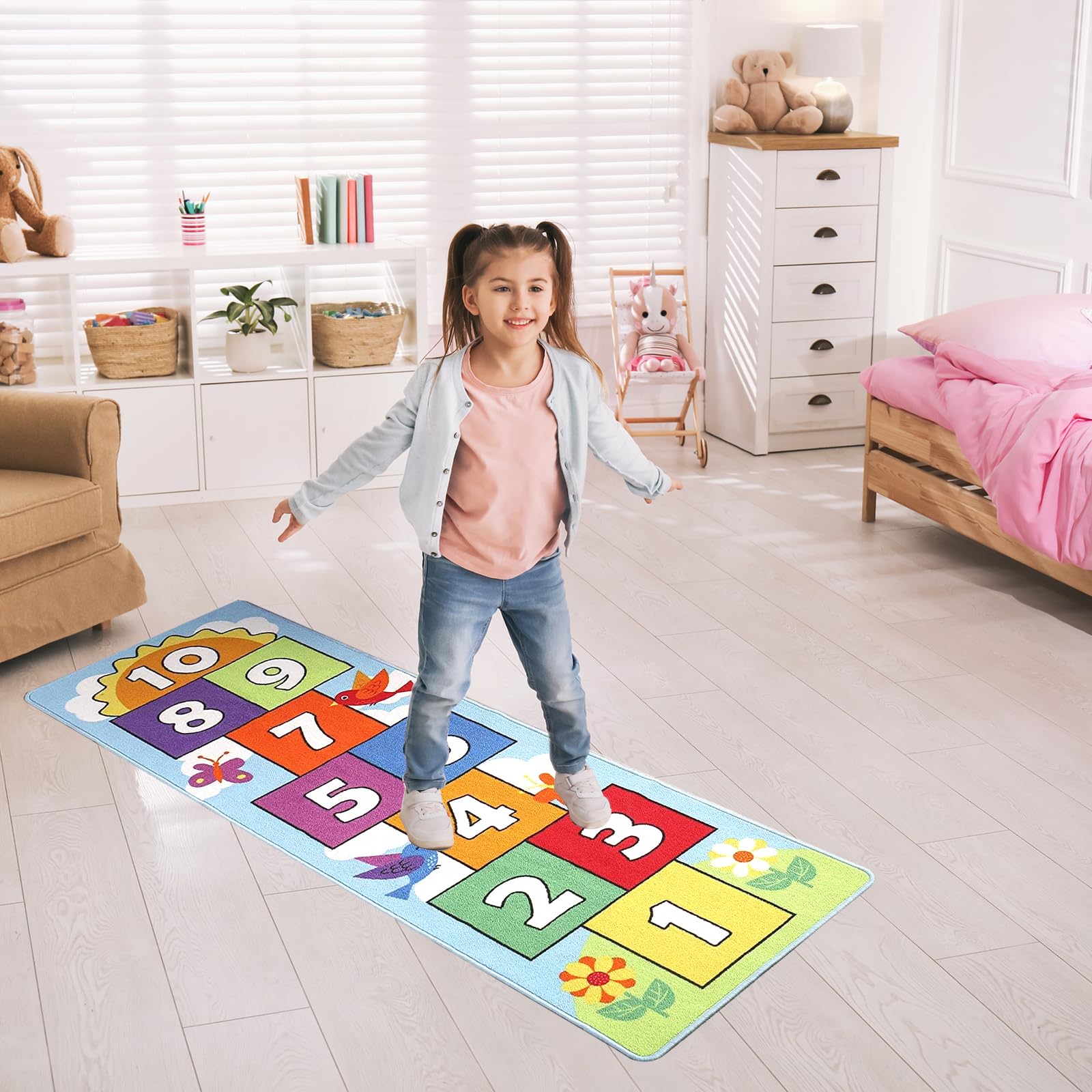 Hop & Count Hopscotch-Teppich für Kinder, Boden-Spielbereich, Spielteppich, Krabbel-Sprungmatte, rutschfeste Unterseite, tolles Geschenk für Jungen und Mädchen, Raumdekoration, klassischer