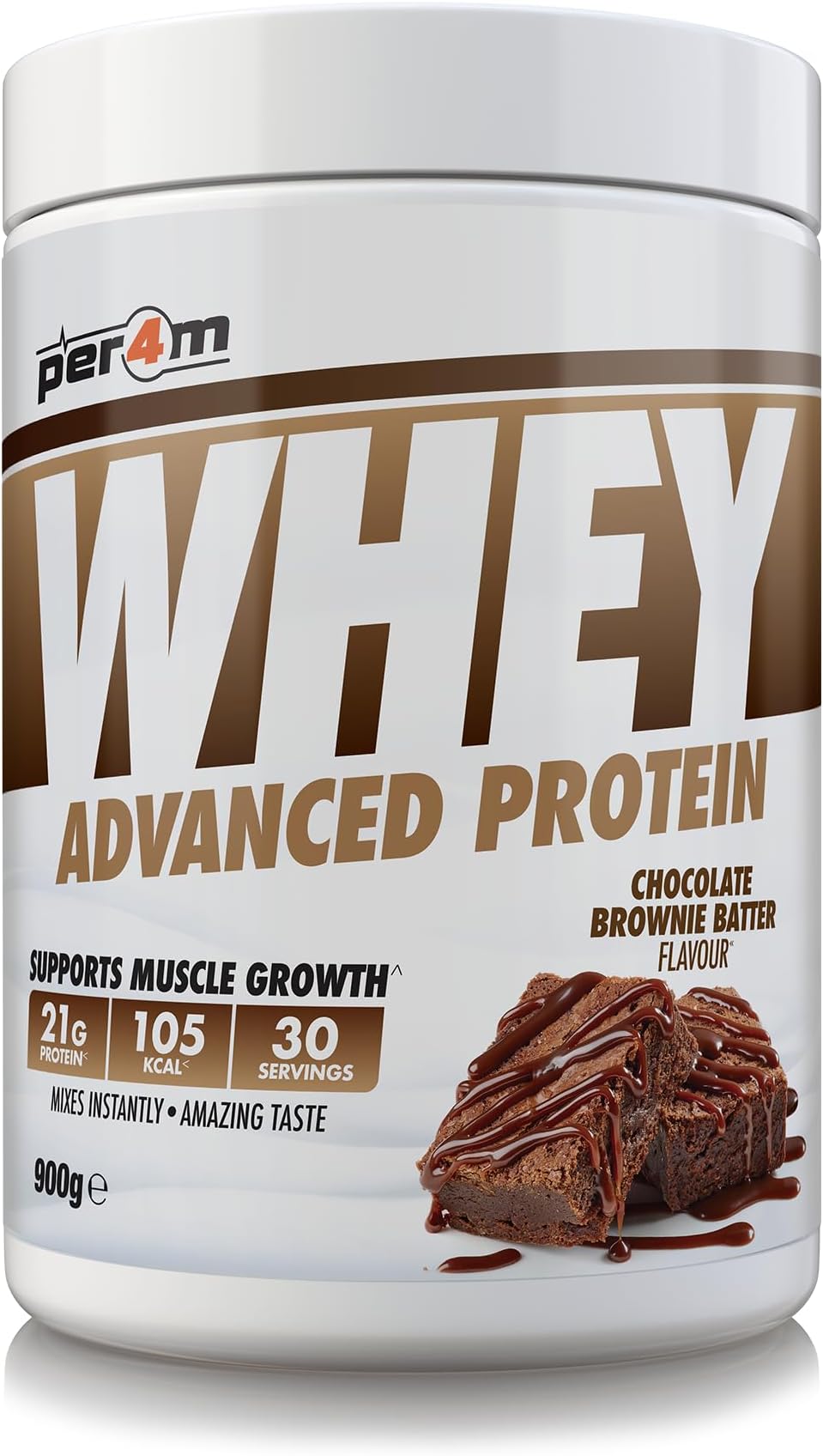 Per4m Whey Protein Powder | High Protein Shake for Muscle Growth & Recovery | Low Sugar Gym Supplement | Sports Nutrition Drink + Amino Acids (900g, Chocolate Brownie Batter)