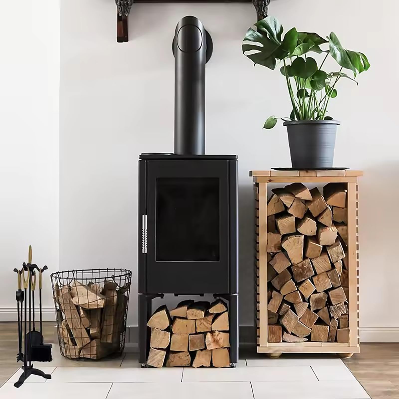 Juego de 5 herramientas para chimenea de hierro fundido, accesorios esenciales para estufas de leña y chimeneas, incluye soporte para troncos, póquer, cepillo, pala y pinza para un mantenimiento