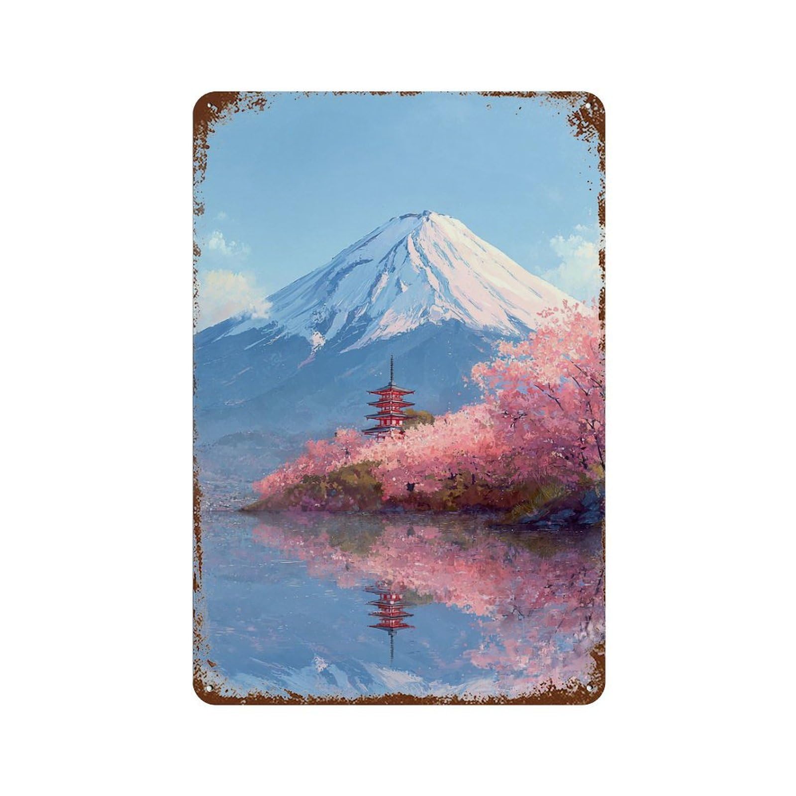 Decorative Tin Sign with Mount Fuji Reflection with Cherry Blossoms Design 11.8"x7.9", for Basement, Hobby Room And Garage Decor, Rustic Home Decor