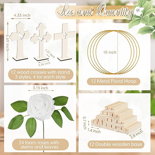 Miniatura 2 de Wesiti 48 piezas de centro de mesa de bautismo, decoración de bautismo para mesa, 12 cruces de madera, 12 centros de mesa de aro floral de metal con