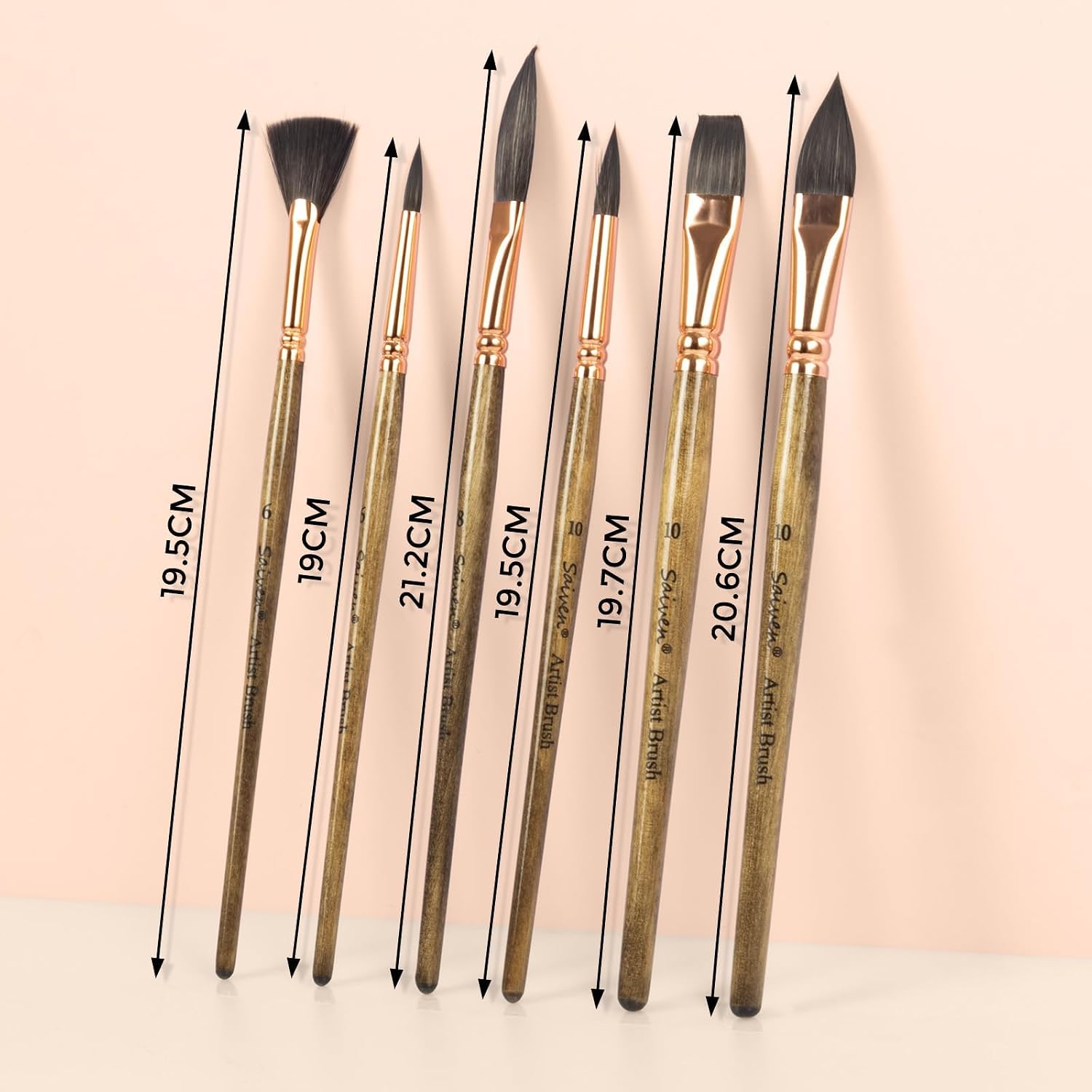 6-Piece Sable Watercolor Brush Set - Brown | Includes Round Tip, Flat, Dagger, Oval Wash Brushes for Artist, Detail Painting, Watercolor and Gouache