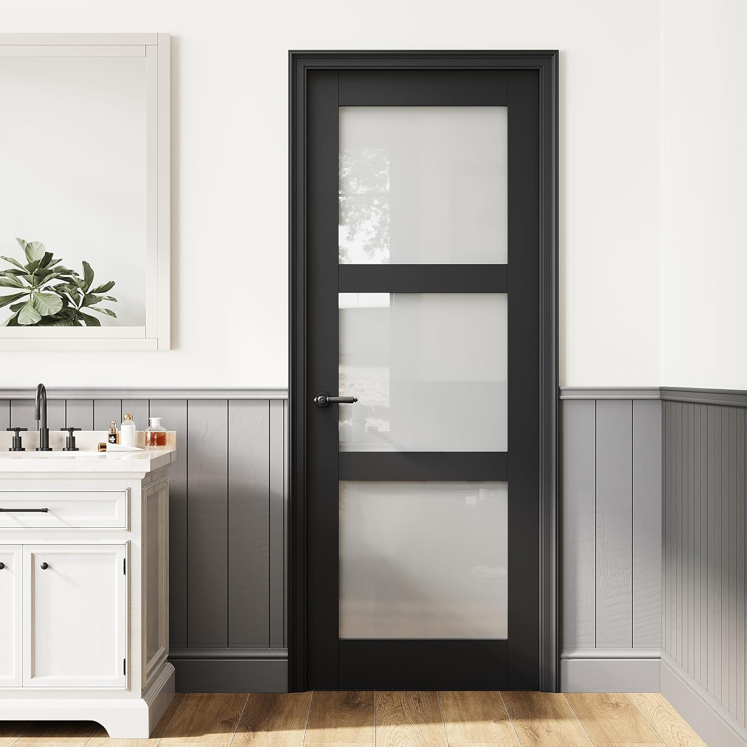 28" x 80" Frosted Glass French Door Slab, 3-Lite Privacy Glass Black Interior Door, Door Panel w/o Borehole or Hinges, as Barn/Prehung/Pocket/French Doors Slab for Pantry, Laundry, Bedroom Doors