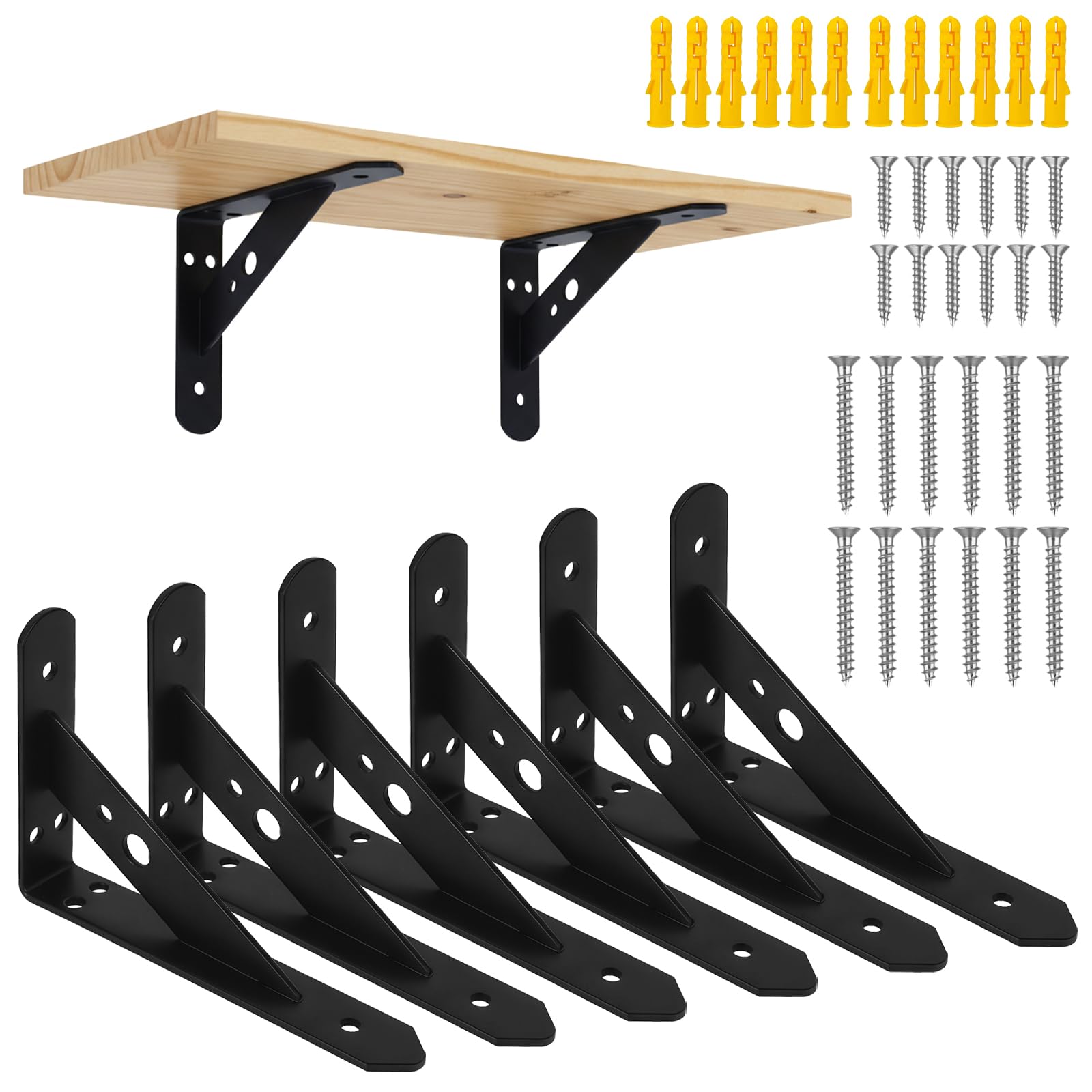 Heavy Duty Shelf Brackets, 6 Pack Shelf Bracket Heavy Duty, 6 inches Triangle Shelf Brackets with Screws for Floating Shelves Concrete Wall Gypsum Board