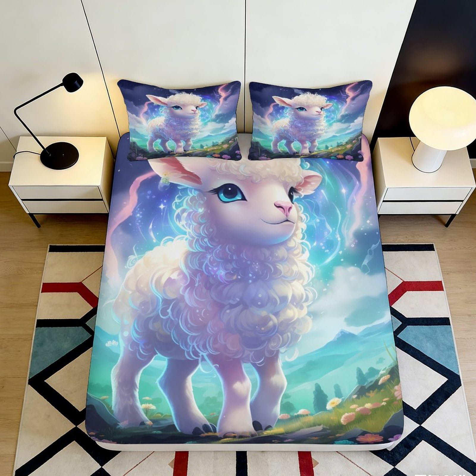 3D Printed Cute Lamb Fitted Sheet Microfiber Soft Pastel Fantasy Meadow Mattress Cover for Bedroom Dorm Mattress Protection Decor 140x200x25cm