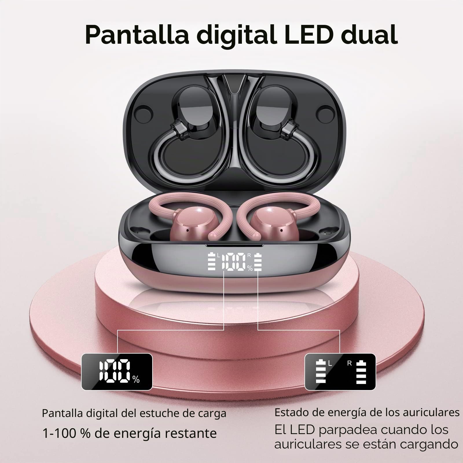Auriculares Inalambricos Deportivos, Bluetooth 5.3 con HD Mic, 48Hrs de Reproducción,Carga Rápida USB-C, Pantalla LED, IP7 Impermeable con Gancho de la Oreja (Oro Rosa)