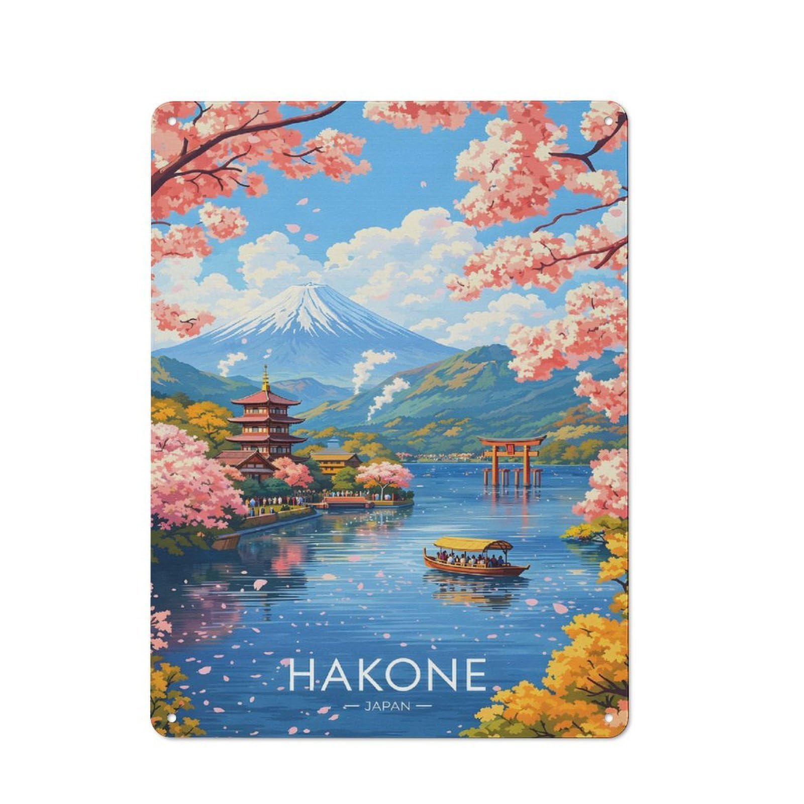 Junmoney Style Hakone Japan Cherry Blossoms And Mt. Fuji Tin Sign 40X30cm, Creative Studio Wall Plaque For Hobby Room, Office, Lounge Or Living Room