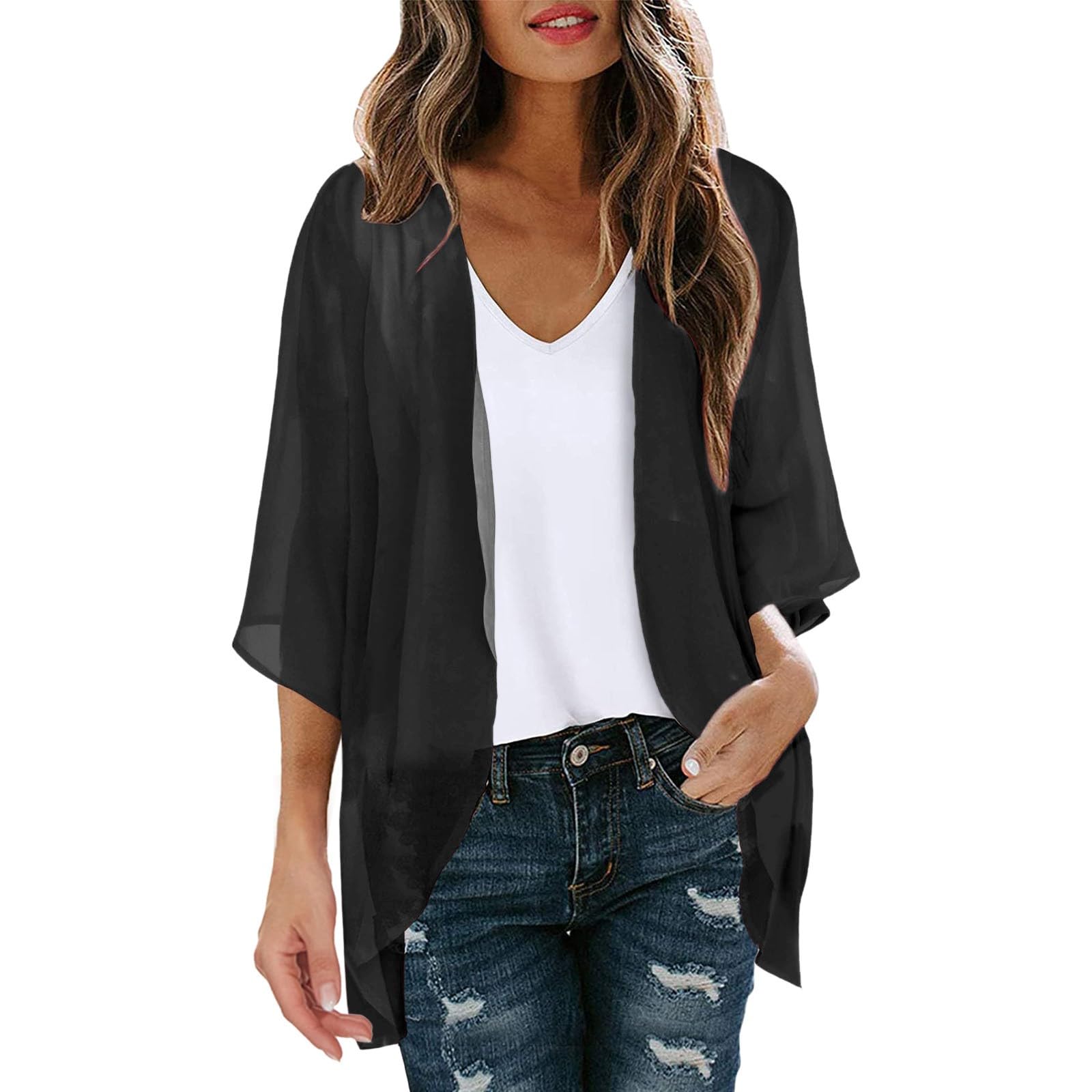 KBOPLEMQ Kimono de gasa para mujer, cárdigan de manga 3/4, bikini con estampado floral, ligero, para playa, abierto, chaqueta para verano, bolero, gasa, verano, cárdigan