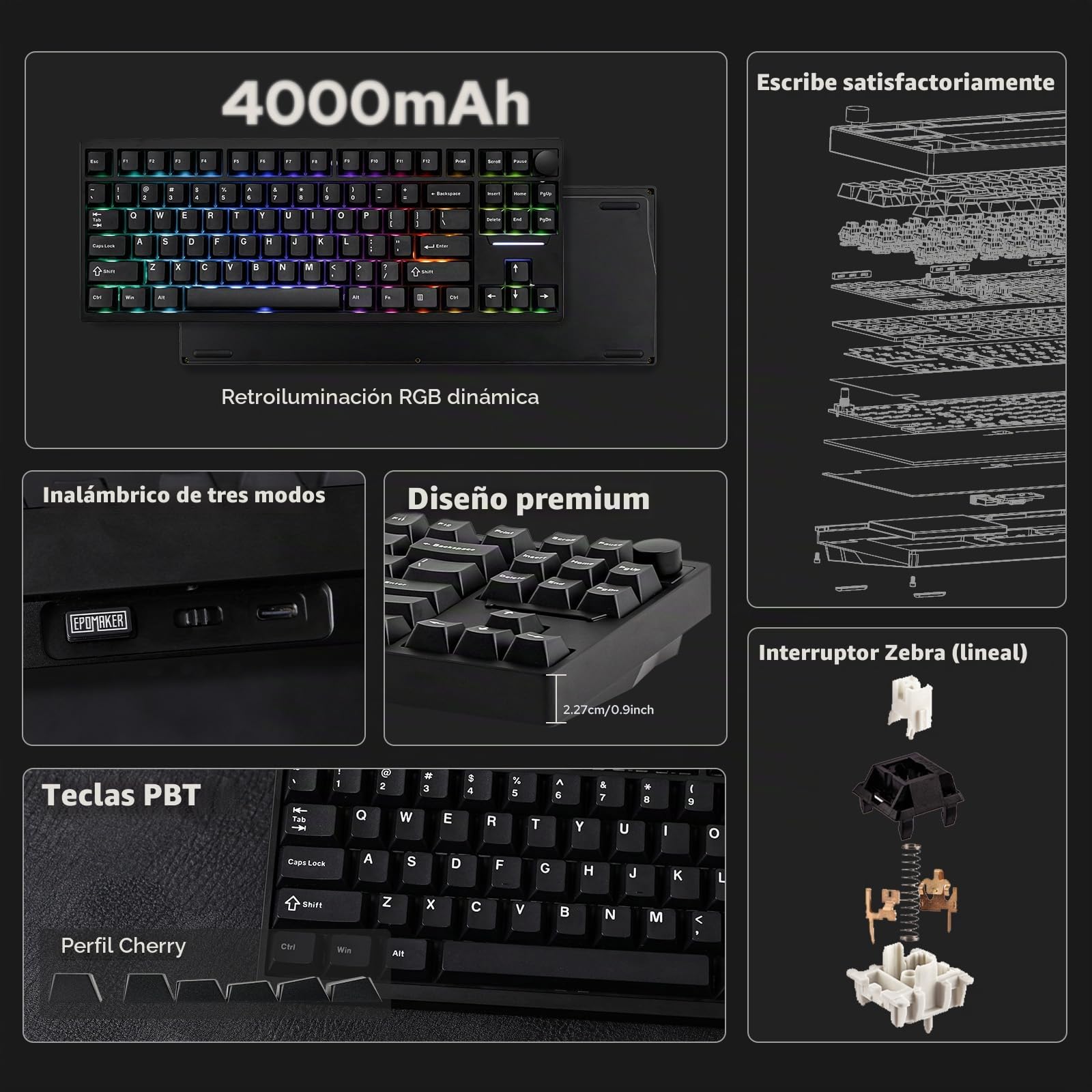 EPOMAKER P87 Teclado Mecánico Inalámbrico de Aluminio para Juegos, Programable con QMK/Via, Diseño 87% US, Bluetooth/2.4Ghz/USB-C, con Perilla de Metal CNC y RGB (Negro, Zebra Linear)