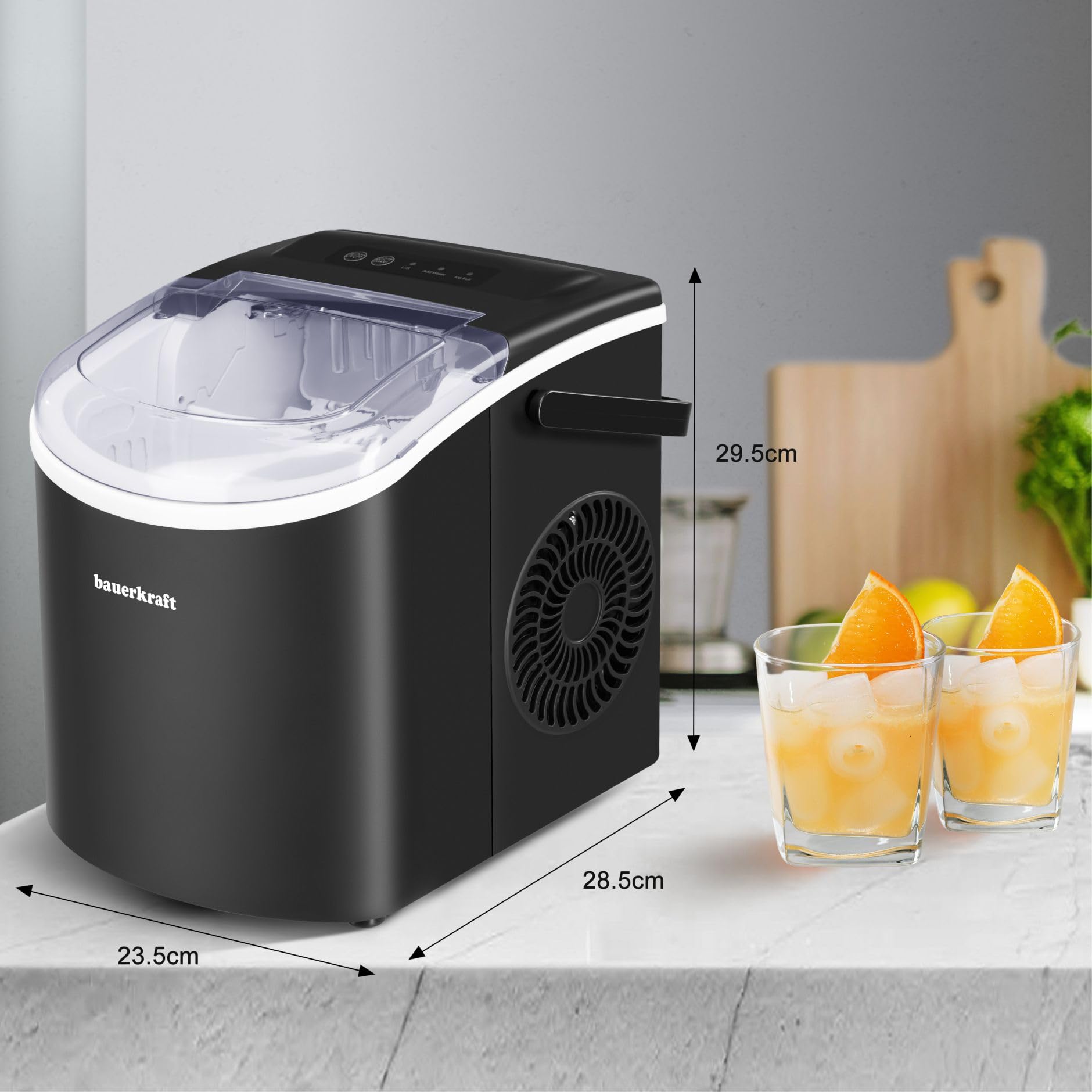 Automatyczna cicha wydajna kostkarka do lodu Bauerkraft prosta obsługa 12kg/24h czarny