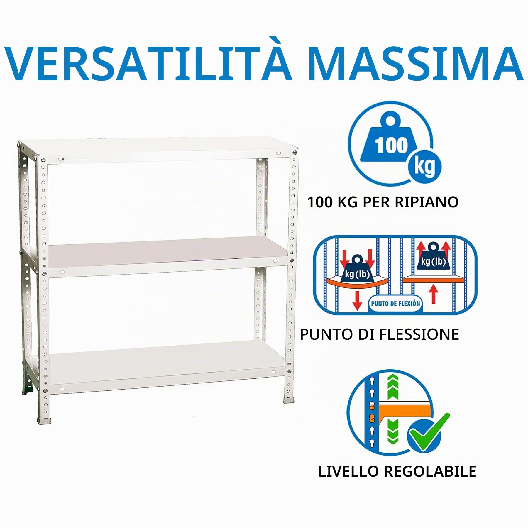 Simon Rack Scaffale Metallo Garage e 3 Ripiani, Capacità di Carico 100 kg e Punto di Flessione, 1000x800x300 mm, Metallo, Scaffalatura per Garage, Bianco - Comfort