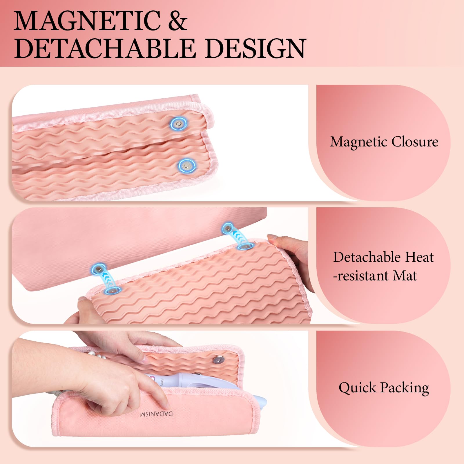 Dadanism Kit per Parrucchieri, Borsa da Viaggio per Strumenti per Capelli con Tappetino Termoresistente Rimovibile, Organizzatore 2 in 1 per Arricciacapelli, Piastra e Accessori da Donna, Rosa