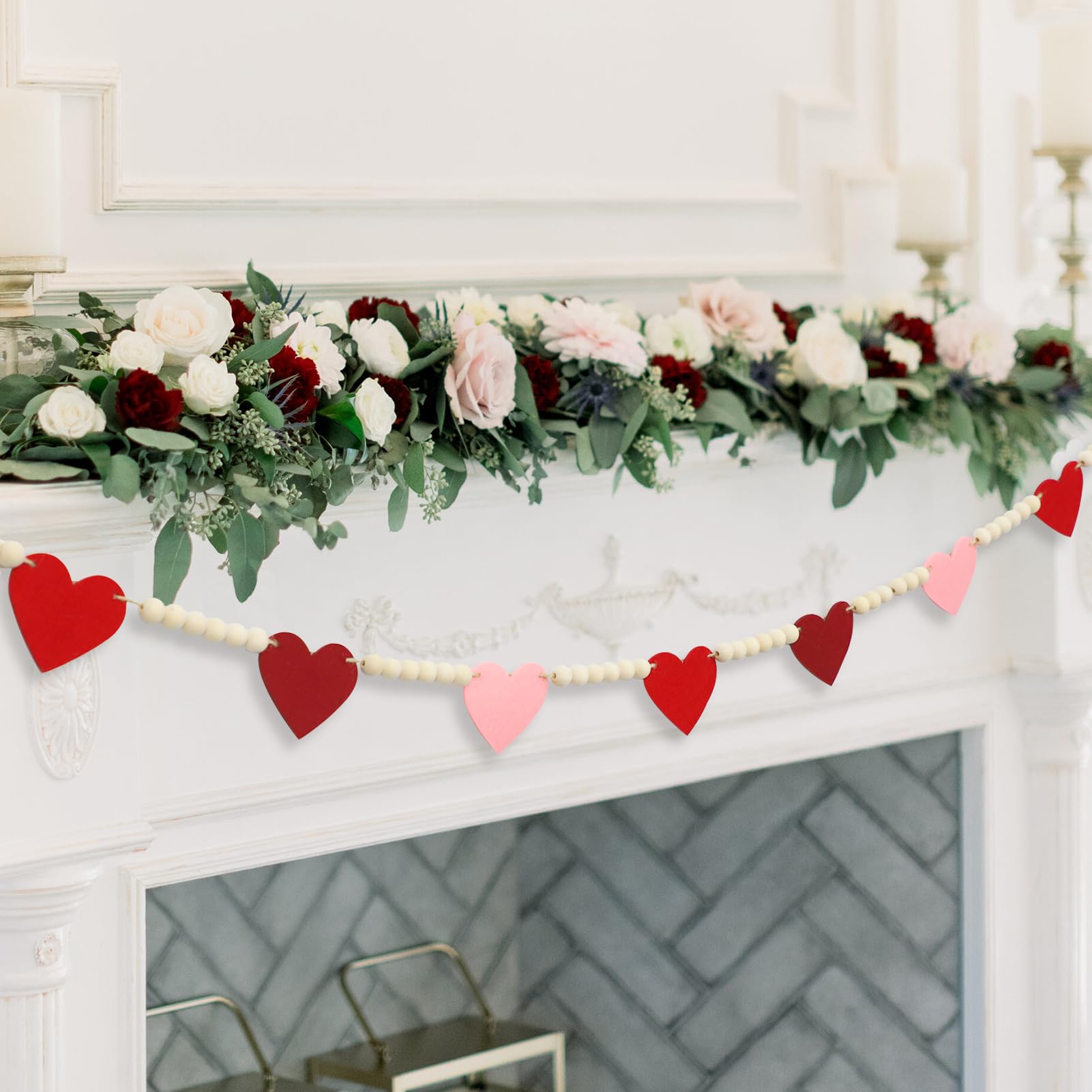 DAZONGE Decoración retro de San Valentín, guirnalda de cuentas de madera de corazones de fieltro para decoraciones de San Valentín, pancarta de fieltro roja y rosa, para boda, decoración de