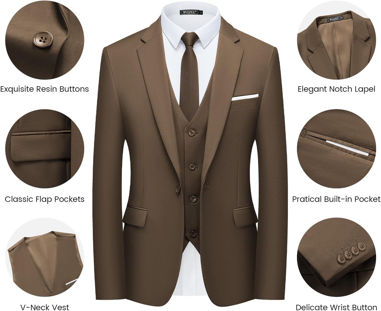 WULFUL Men’s Slim Fit Suit One Button 3-Piece Blazer Dress Business Wedding... - Picture 41 of 257