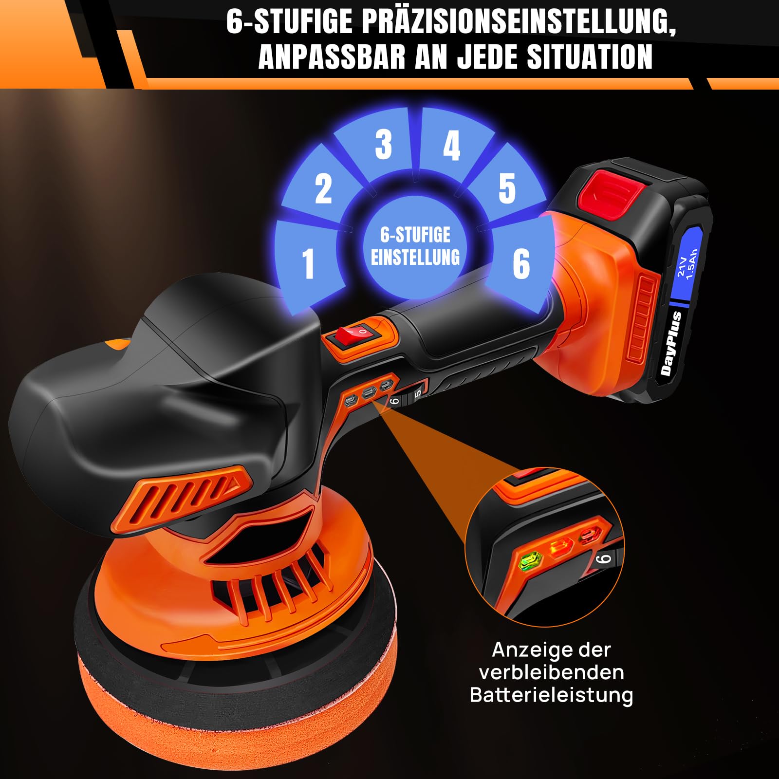 Pulidora de batería para coche, 6 velocidades variables, juego de abrillantador para coche, 2800-5500 rpm, 24 accesorios, 2 x 21 V 1,5 Ah batería pulidora para el cuidado del coche pulido encerado