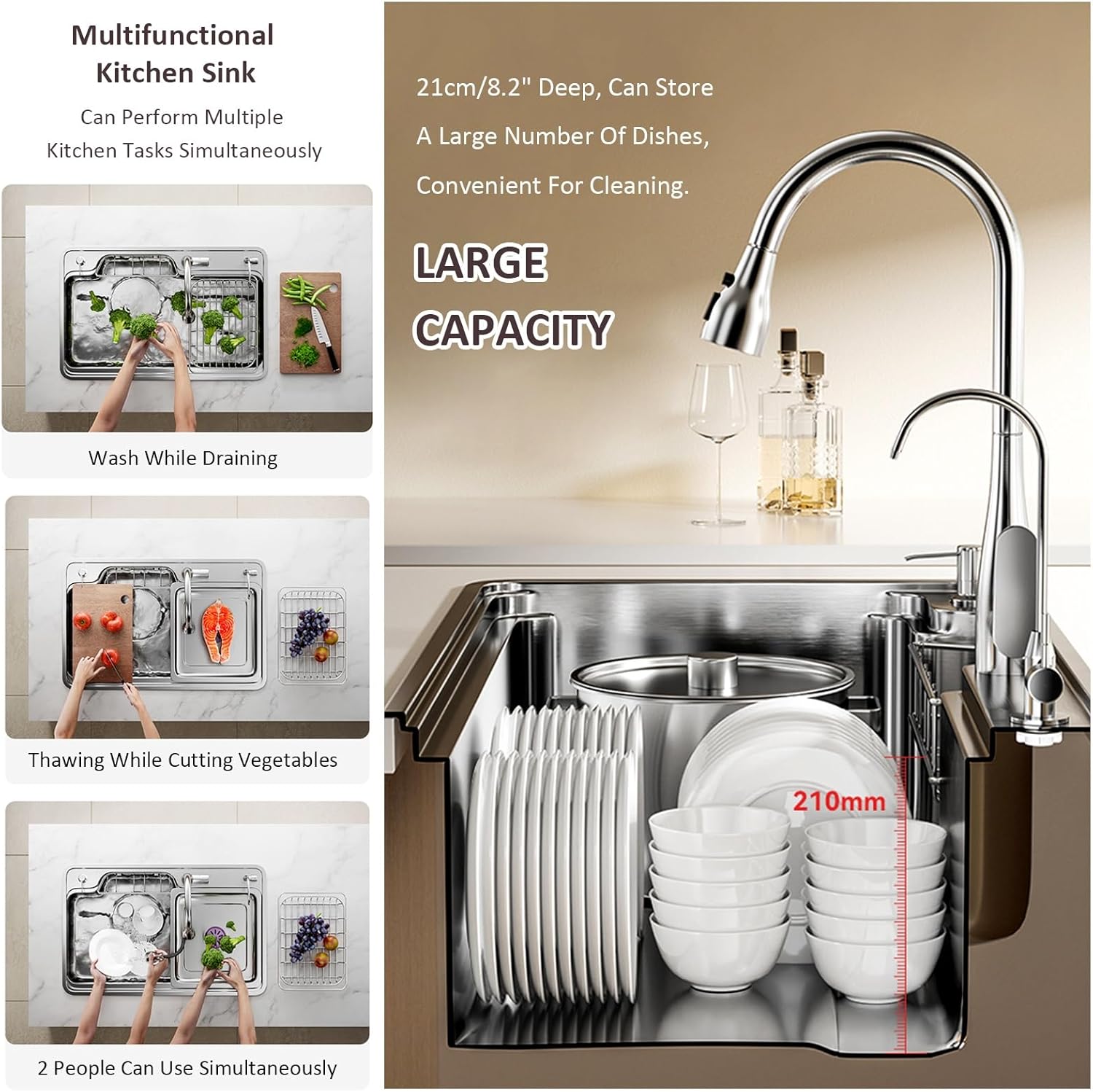 【完売必至】シンク 大型シルバーキッチンシンク、304ステンレススチール製キッチンバー、引き出し式蛇口、飲用蛇口、排水ノブと排水セット、多機能ワ