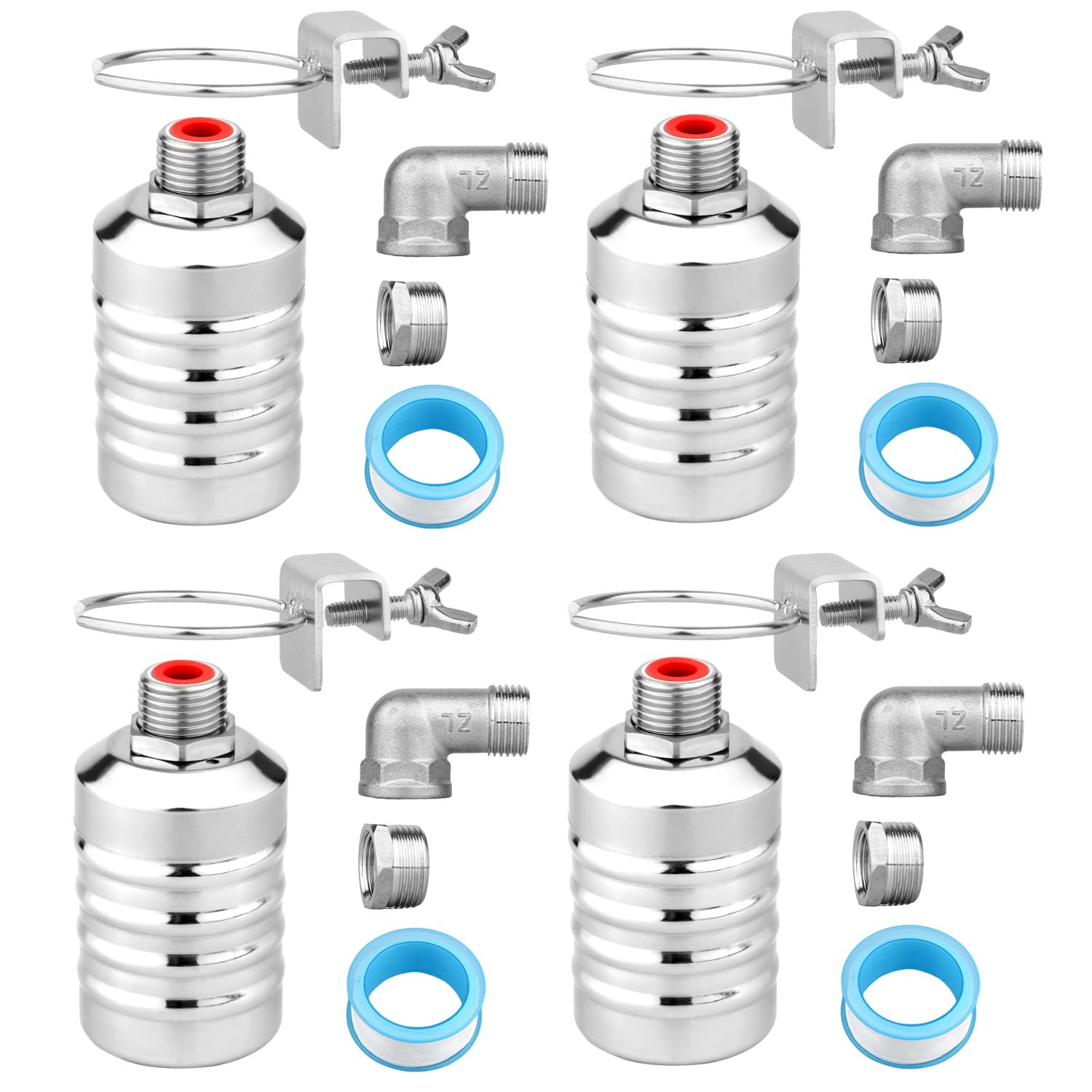 Kit de 4 Válvulas de Flotador Agua, Válvula Flotador Control Automático Nivel Agua Acero Inoxidable 1/2" a 3/4'' para Acuario Piscina Pecera Abrevadero para Ganado Destilador