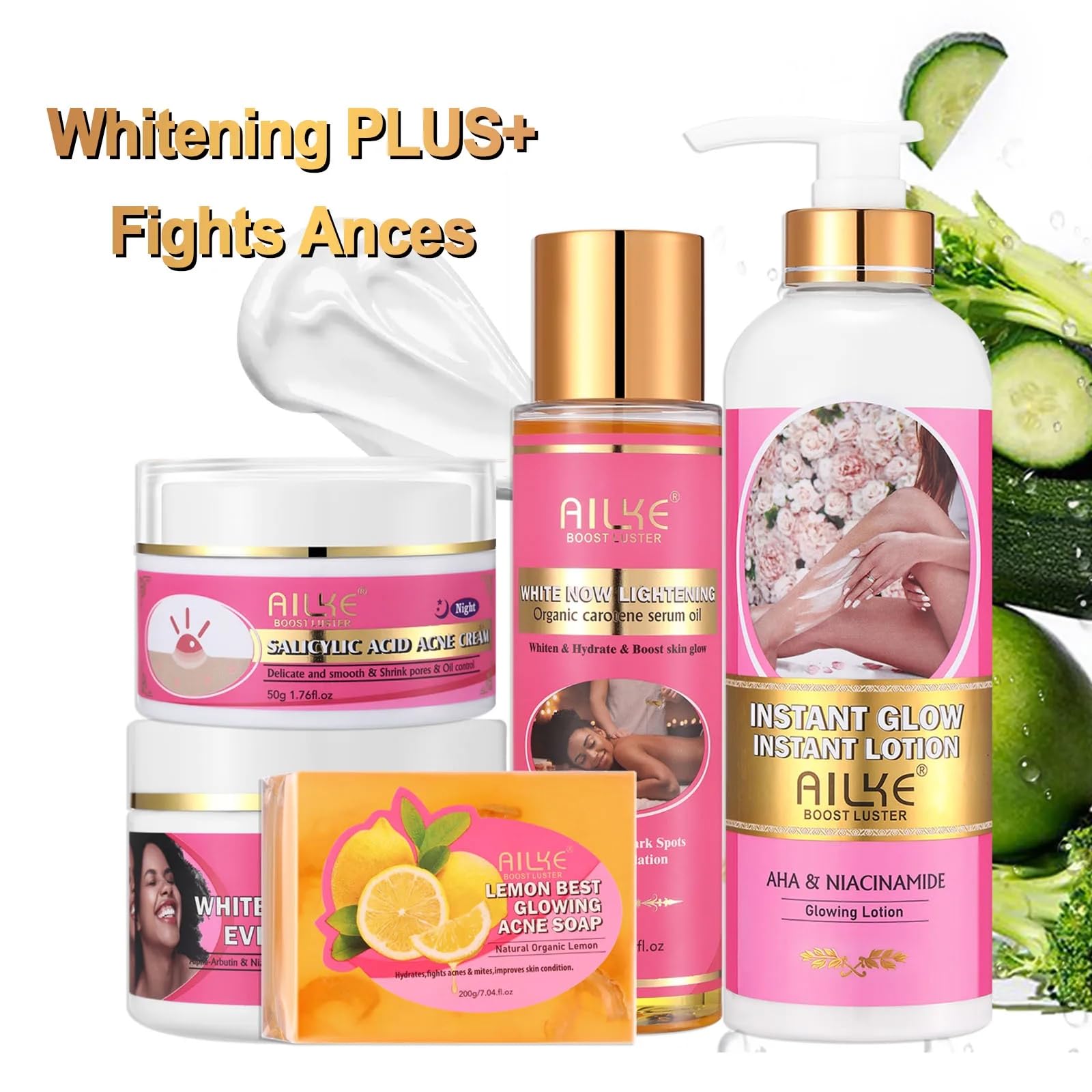AILKE Hautaufhellungs-Set, tiefenreine Haut mit Niacinamid, AHA, reduziert Akne, Pickel, feine Linien, feuchtigkeitsspendend, pflegend, glatt, veganes Kit für alle Hauttypen