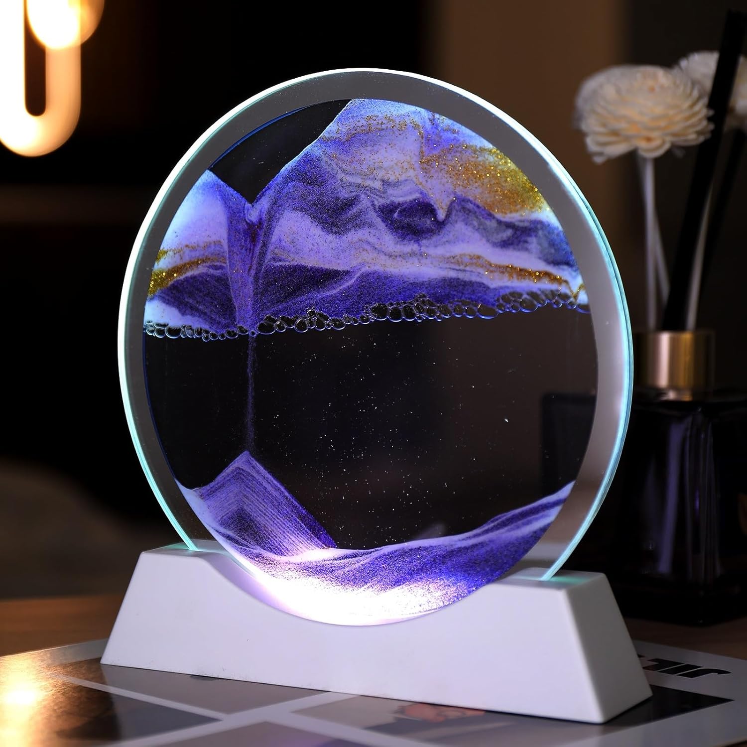Moving Sand Art Picture 3D Liquid Motion, Round Glass Night Light, Luminous Quicksand Painting Ornaments for Adult Stress Relief and Office Decor(Blue,17.5CM)