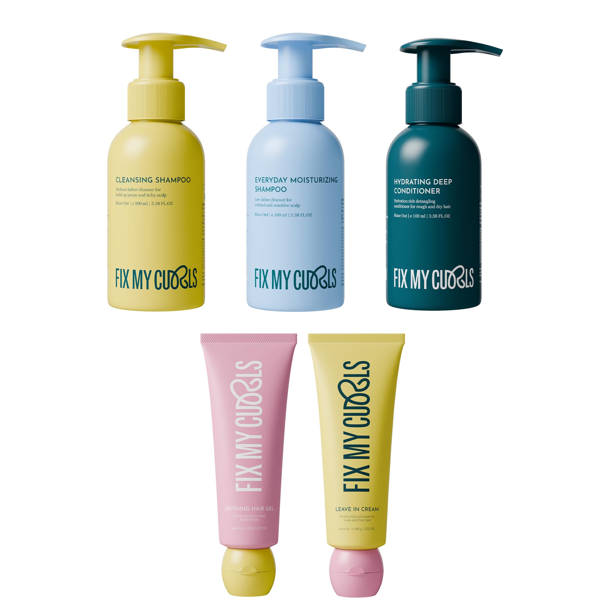 Fix My Curls Complete Curl Care Kit| Cleansing Shampoo, Moisturizing Shampoo, Hydrating Deep Conditioner, Leave-in Cream and Defining Hair Gel for Soothing, Hydrated, and Defined Curls| 100ml Each
