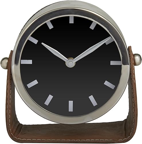Deco 79 Reloj de acero inoxidable con soporte de cuero, 6" x 3" x 6", plateado