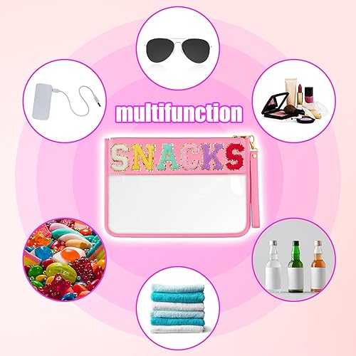 Vista 34 de HANAMO Bolsa transparente con letras de chenilla, bolsa de nailon para cosméticos con cremallera, bolsas de maquillaje transparentes, bolsas