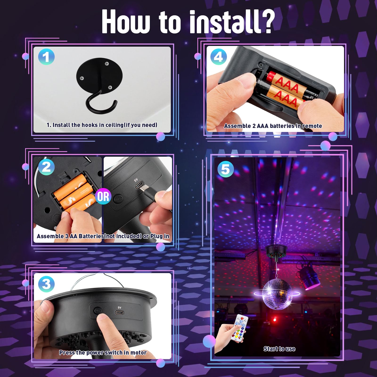 Boule disco avec moteur et boule miroir de 15,2 cm, rotation 0/3/6/9/12/15 tr/min à vitesse variable, 12 couleurs d'éclairage et 4 modes d'éclairage, câble d'alimentation USB de 4,9 m et télécommande