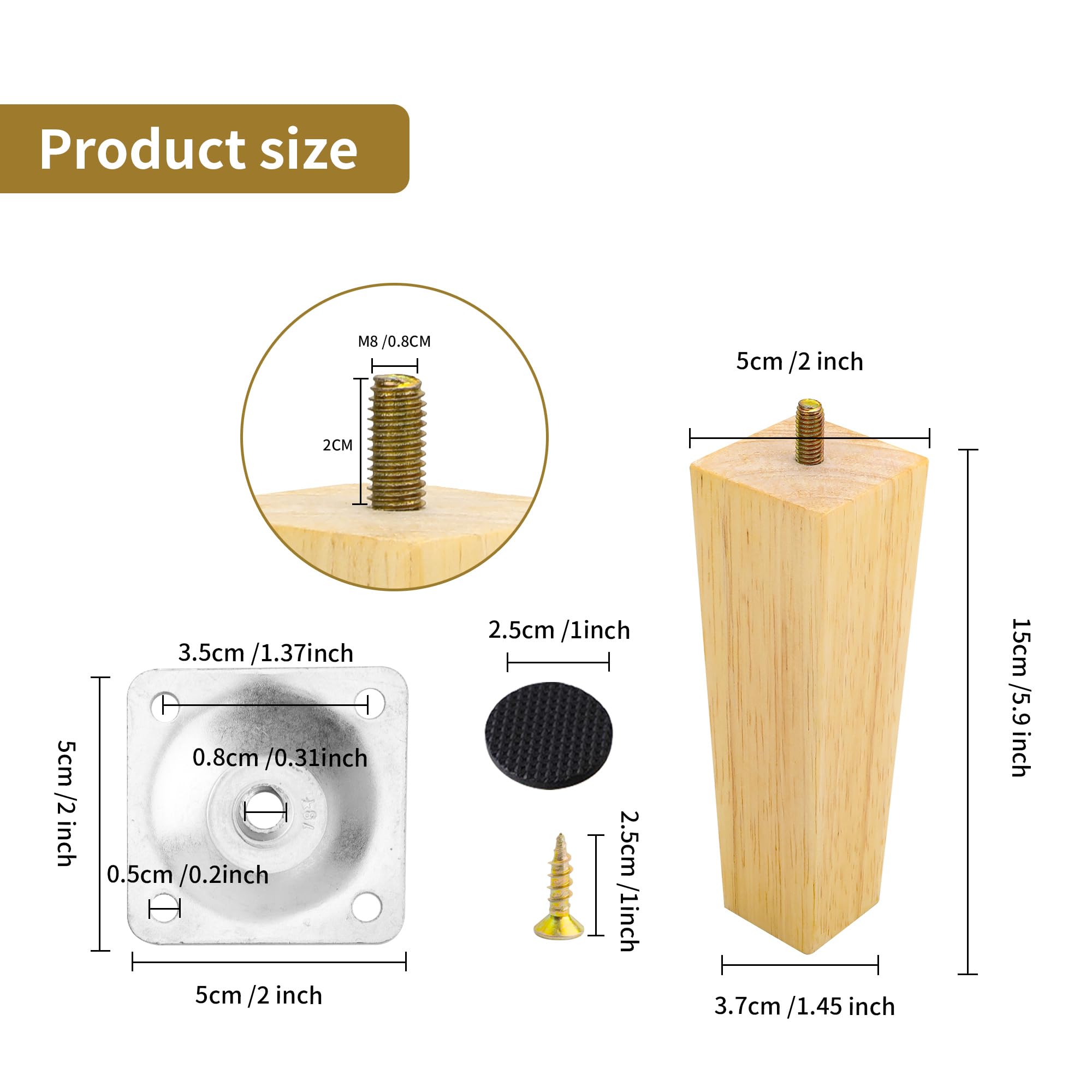 YKUKIZEE 4 Pack Square Wooden Sofa Legs 15 cm,Wood Chair Legs Solid, 6 Inch Square Tapered Wooden Table Legs… - Image 3