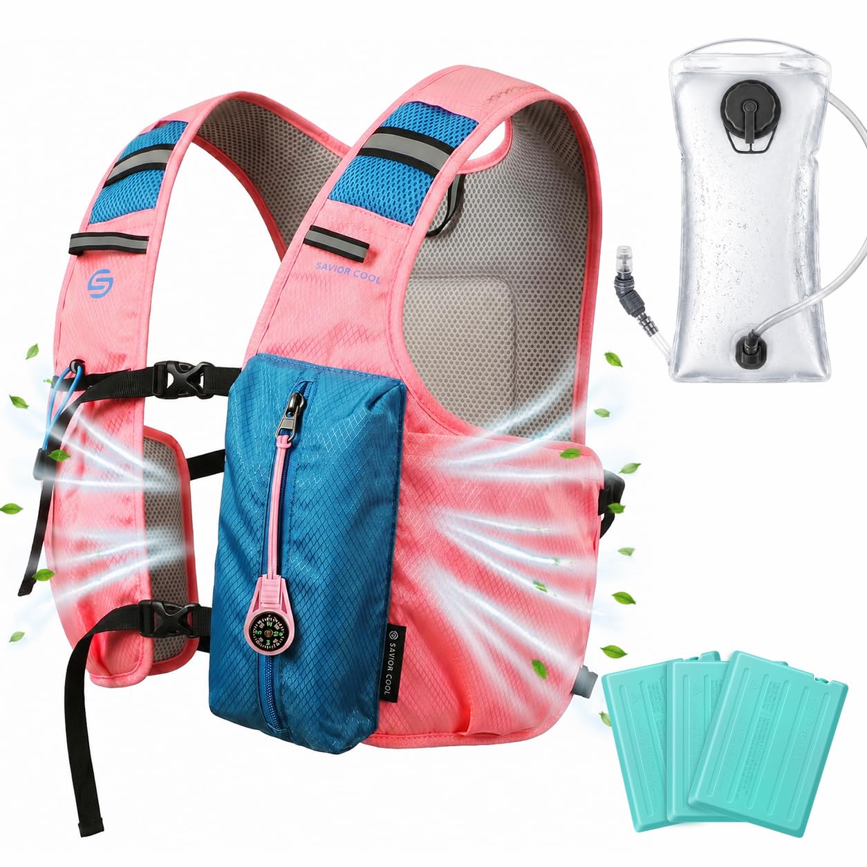 Gilet de course rafraîchissant avec poche d'hydratation de 2 l, sac à dos d'hydratation de 10 l, 3 packs de refroidissement, système de refroidissement de 180 min, réfléchissant, pour