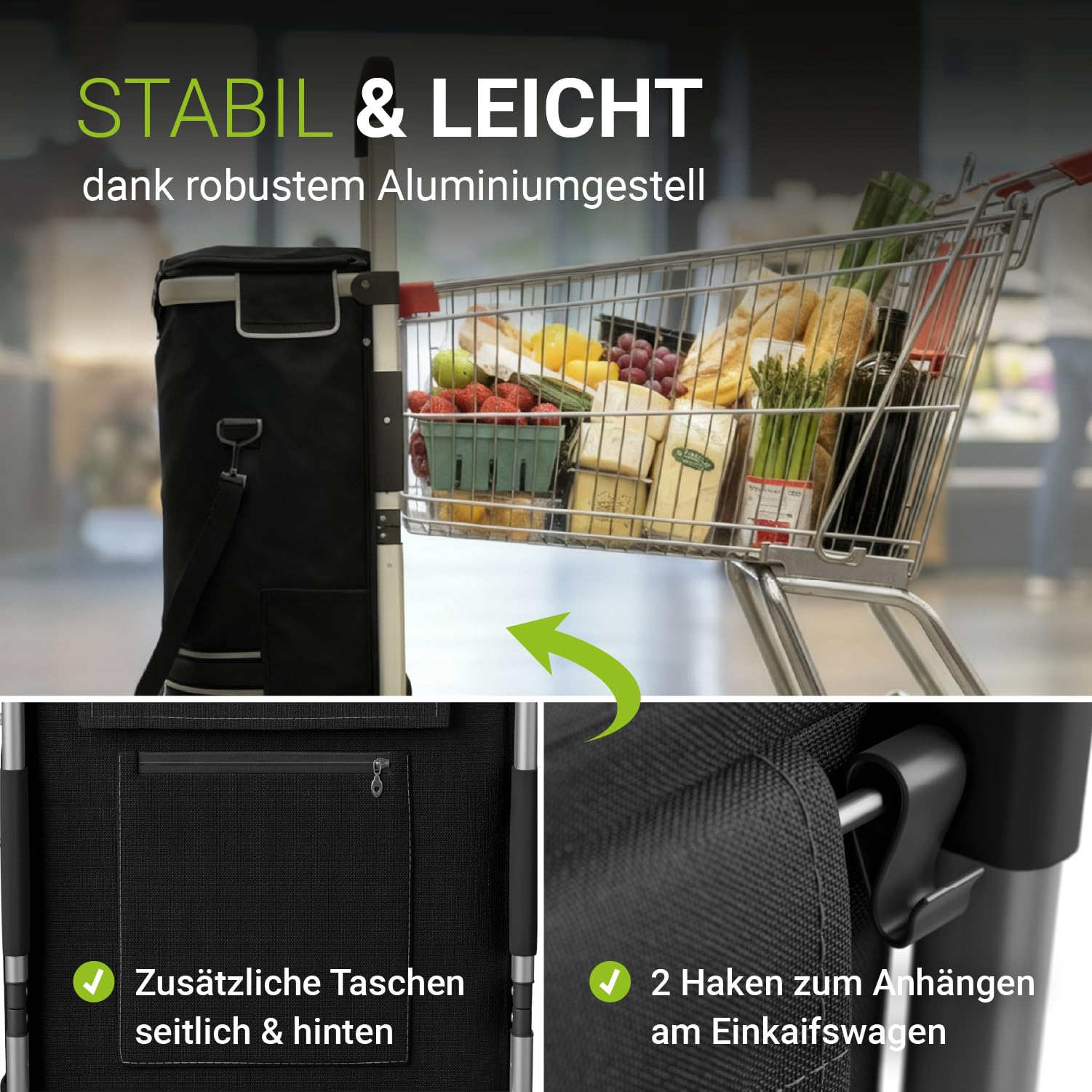 Juskys 3in1 Einkaufstrolley für Treppen - 56 L, modern & klappbar - Treppensteiger Trolley zum Shopping - Sackkarre & Tasche - Trolli Schwarz